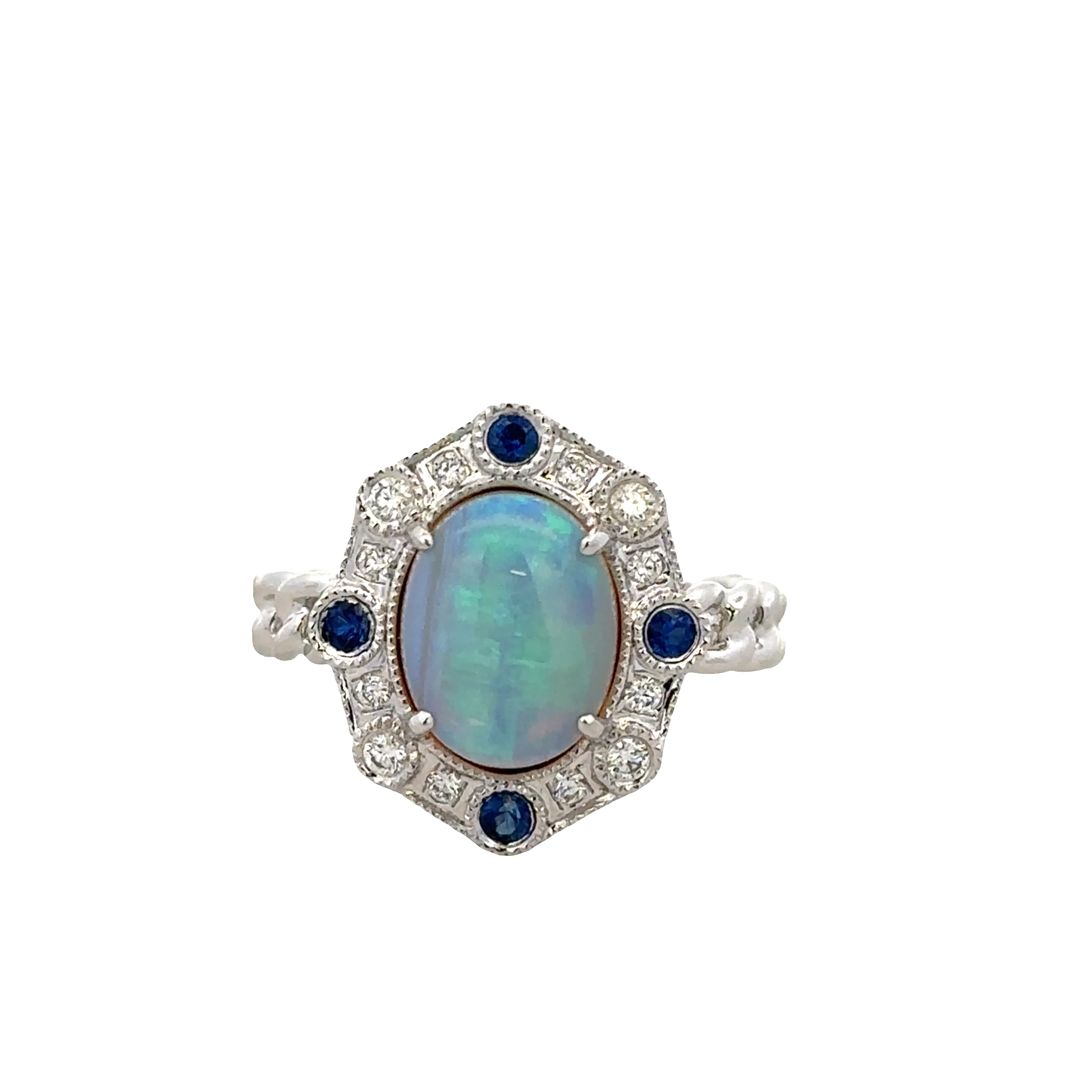 14k White Gold Opal, Sapphire & Diamond Halo Ring – Size 7.25
