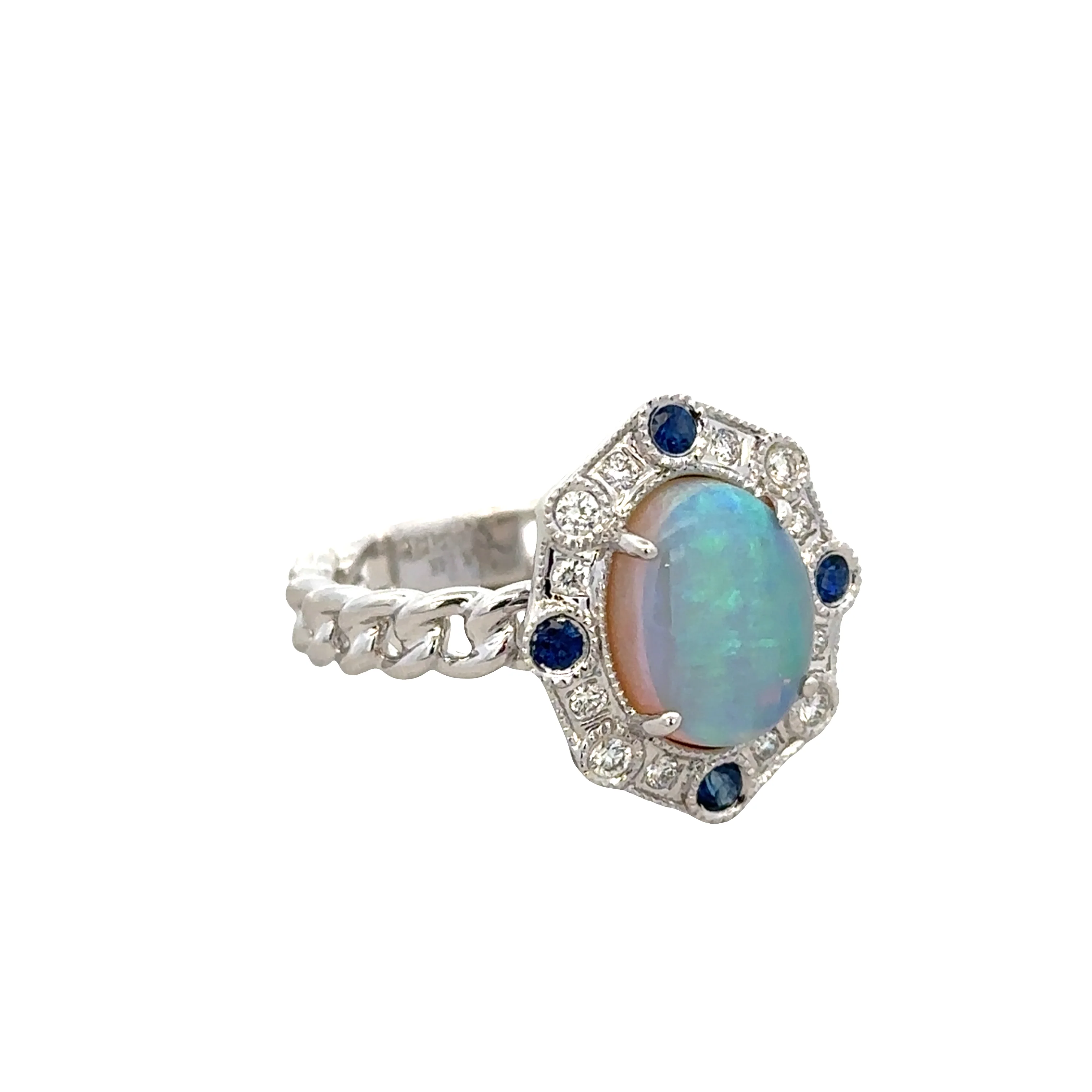 14k White Gold Opal, Sapphire & Diamond Halo Ring – Size 7.25 - Image 2