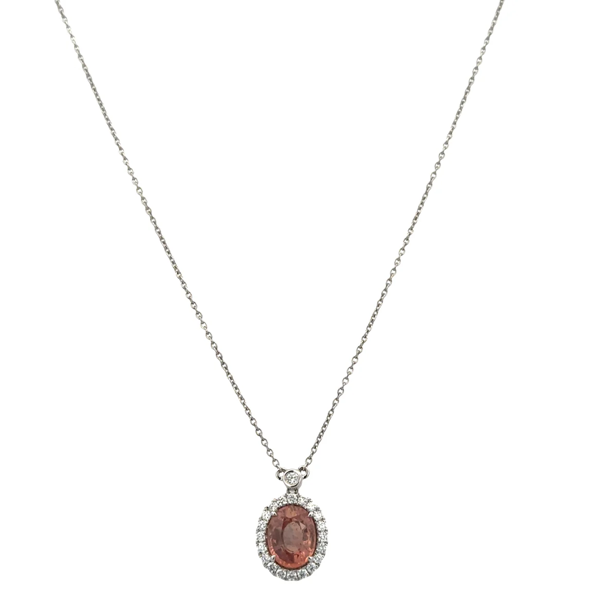 14k White Gold Padparadscha Sapphire & Diamond Halo Pendant Necklace – 18" - Image 2