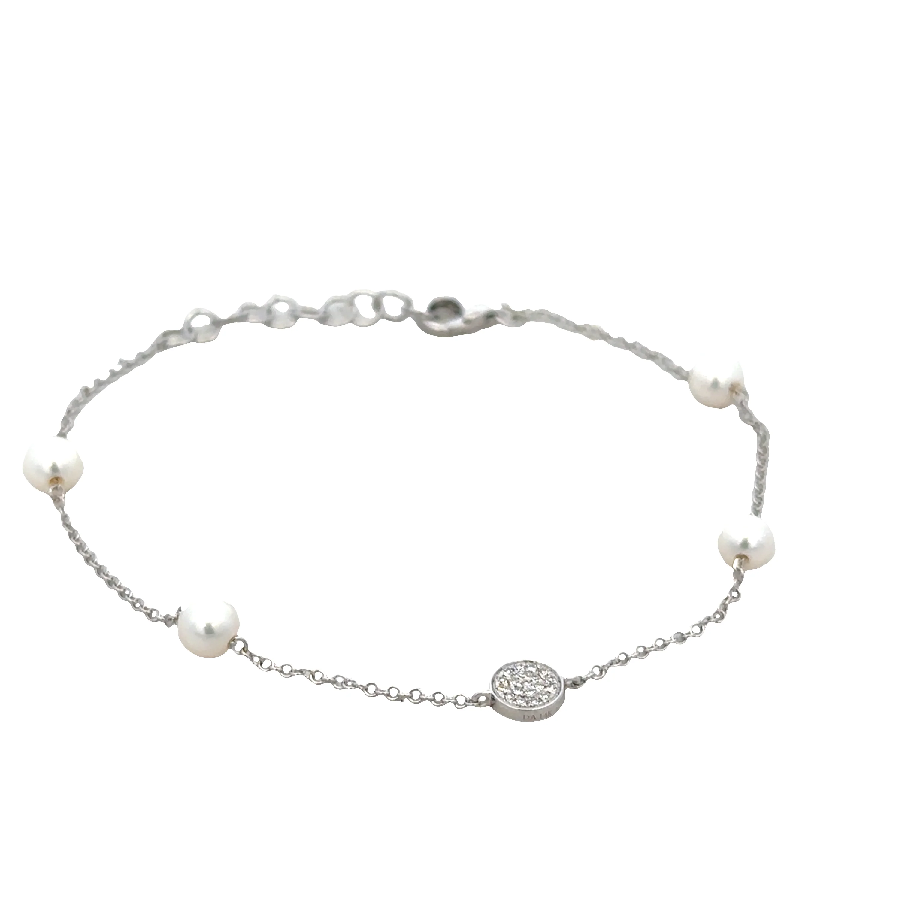 14k White Gold Pearl & Diamond Disc Chain Bracelet – Adjustable 7"