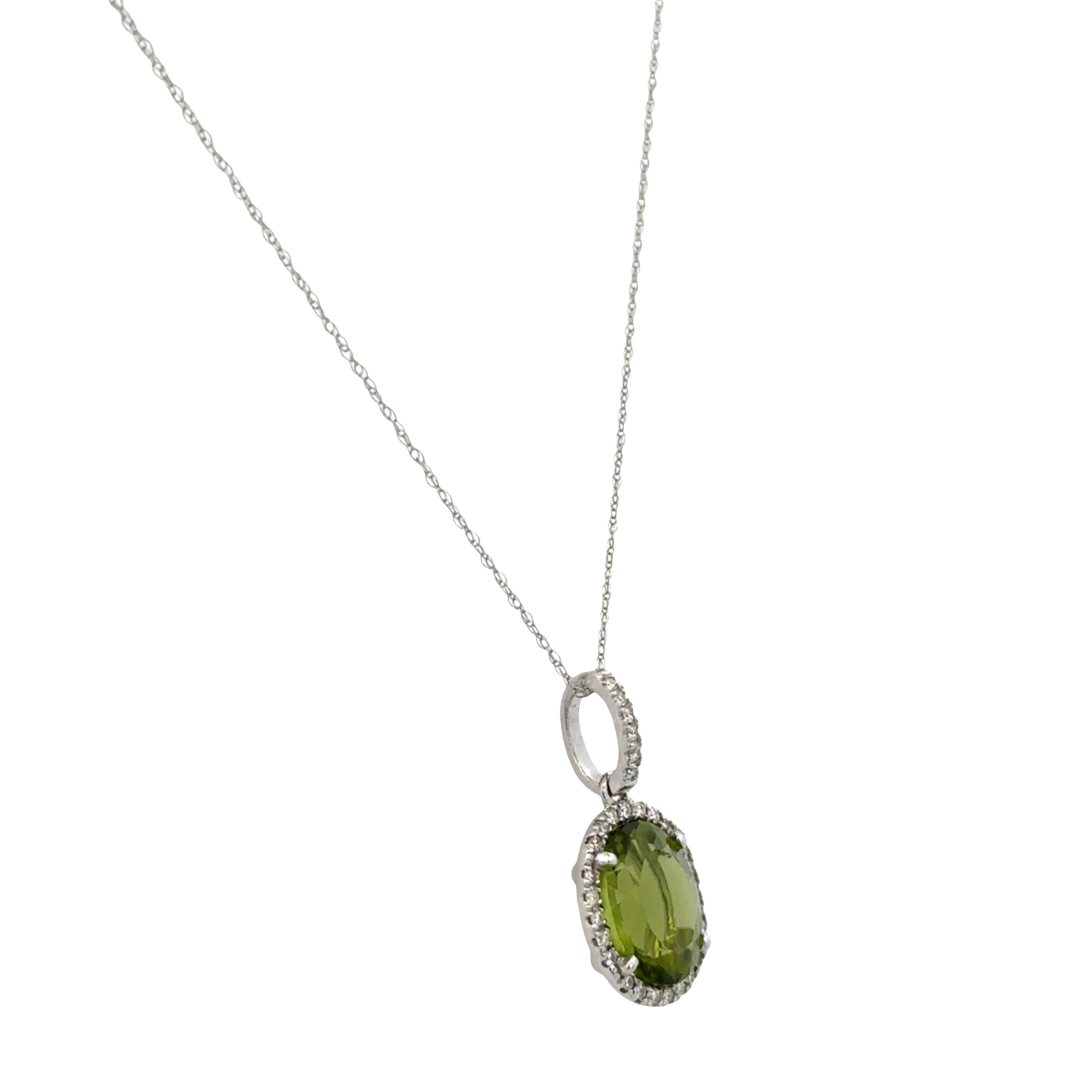 14k White Gold Peridot & Diamond Halo Pendant Necklace – 18" - Image 2