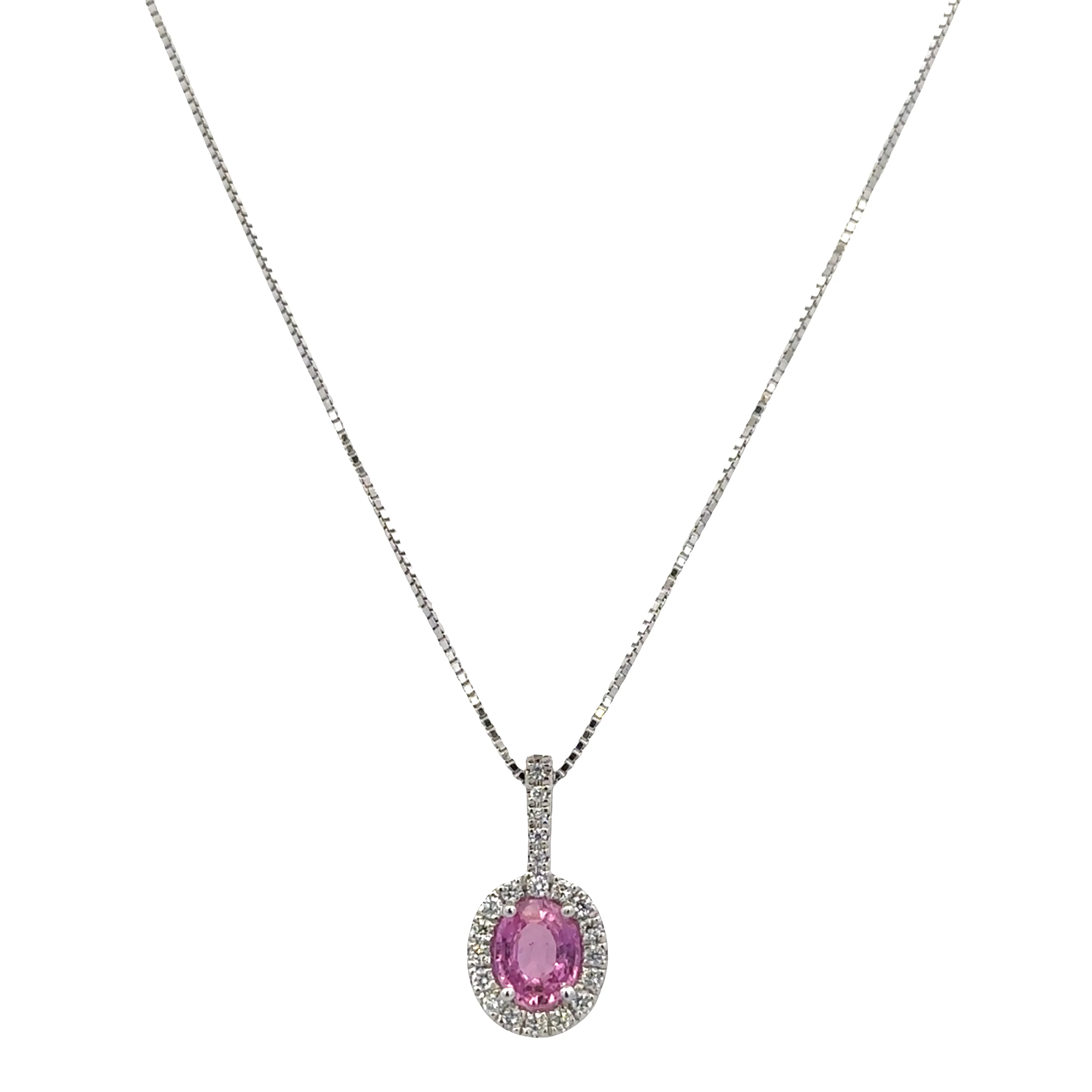 14k White Gold Pink Sapphire & Diamond Halo Pendant Necklace – 18"