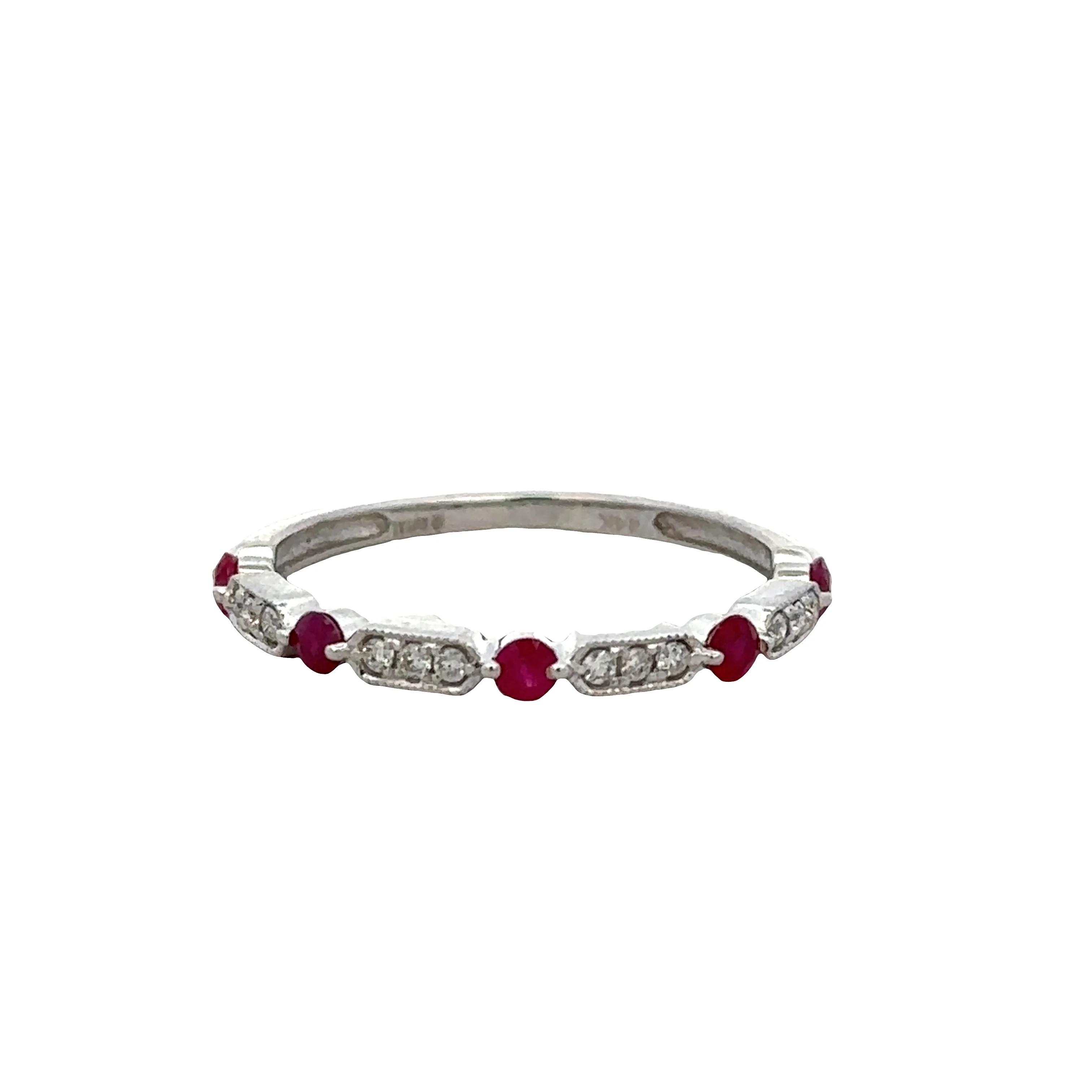 14k White Gold Ruby & Diamond Alternating Band – Size 7