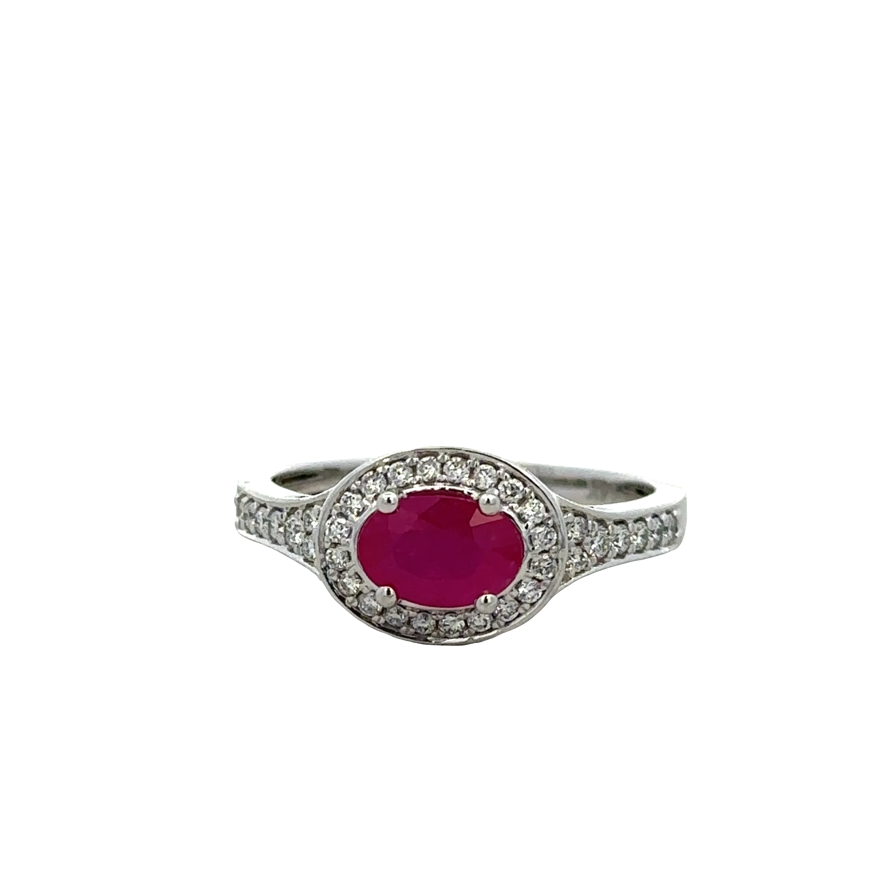 14k White Gold Ruby & Diamond Halo Ring – Size 7