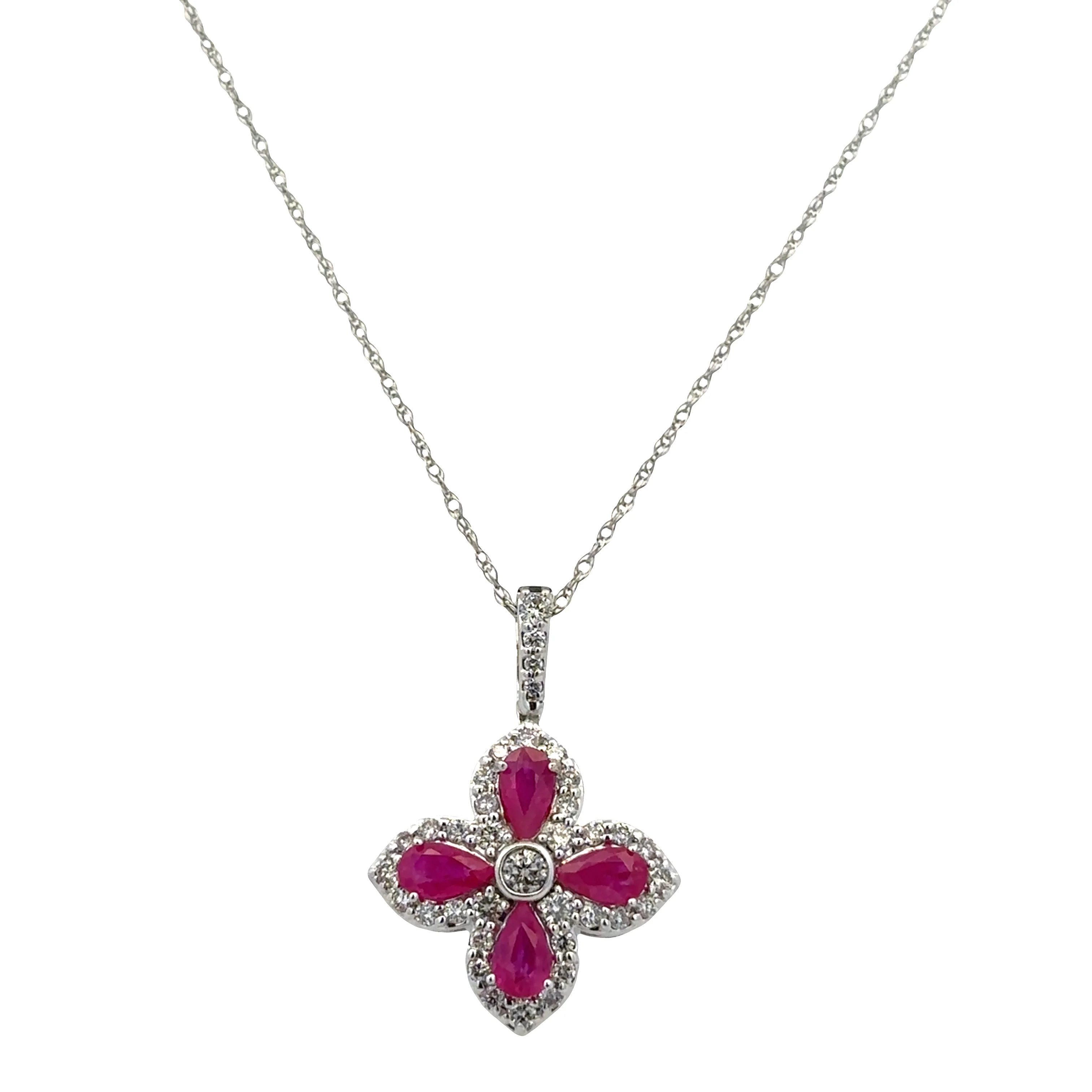 14k White Gold Ruby & Diamond Quatrefoil Pendant Necklace – 18"