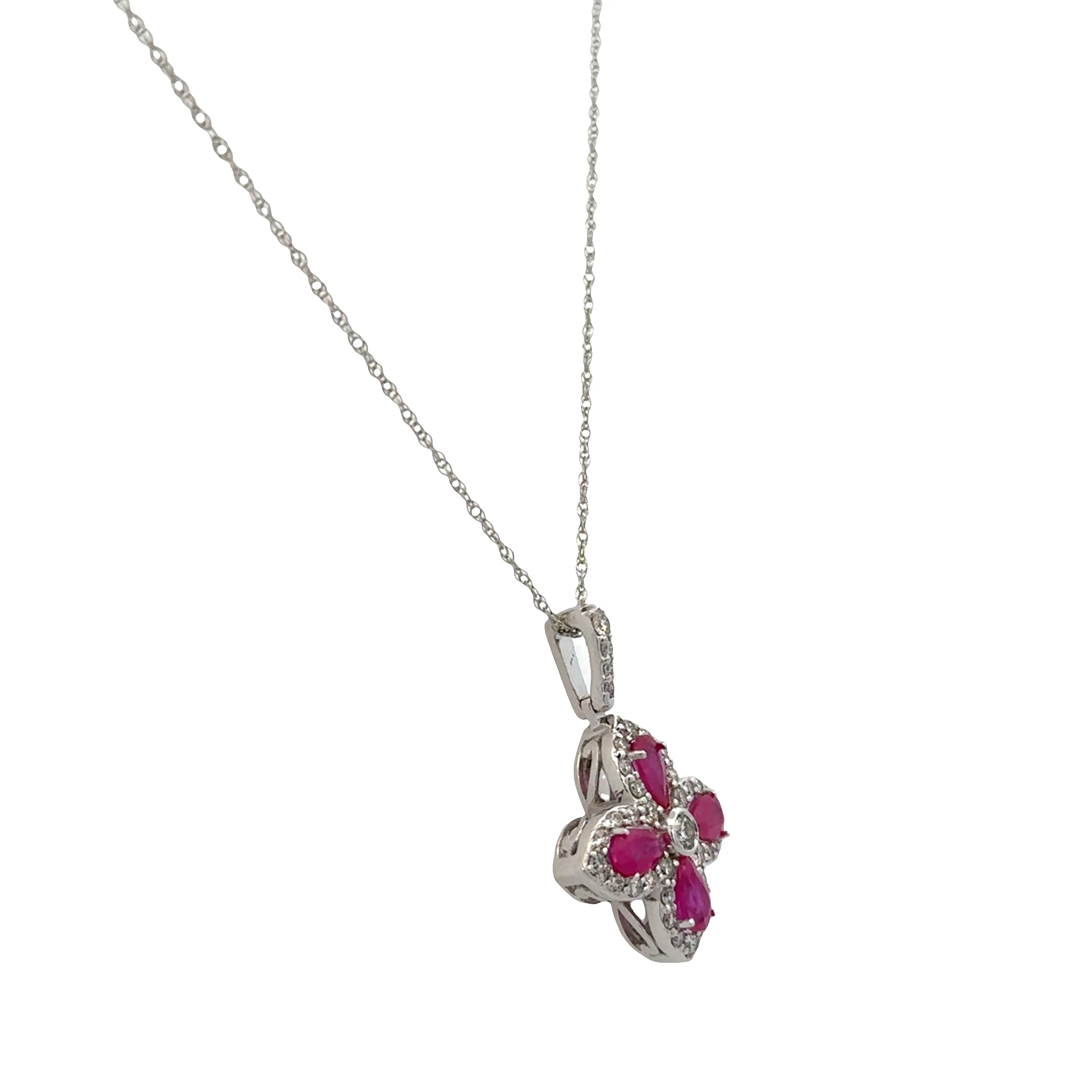 14k White Gold Ruby & Diamond Quatrefoil Pendant Necklace – 18" - Image 2