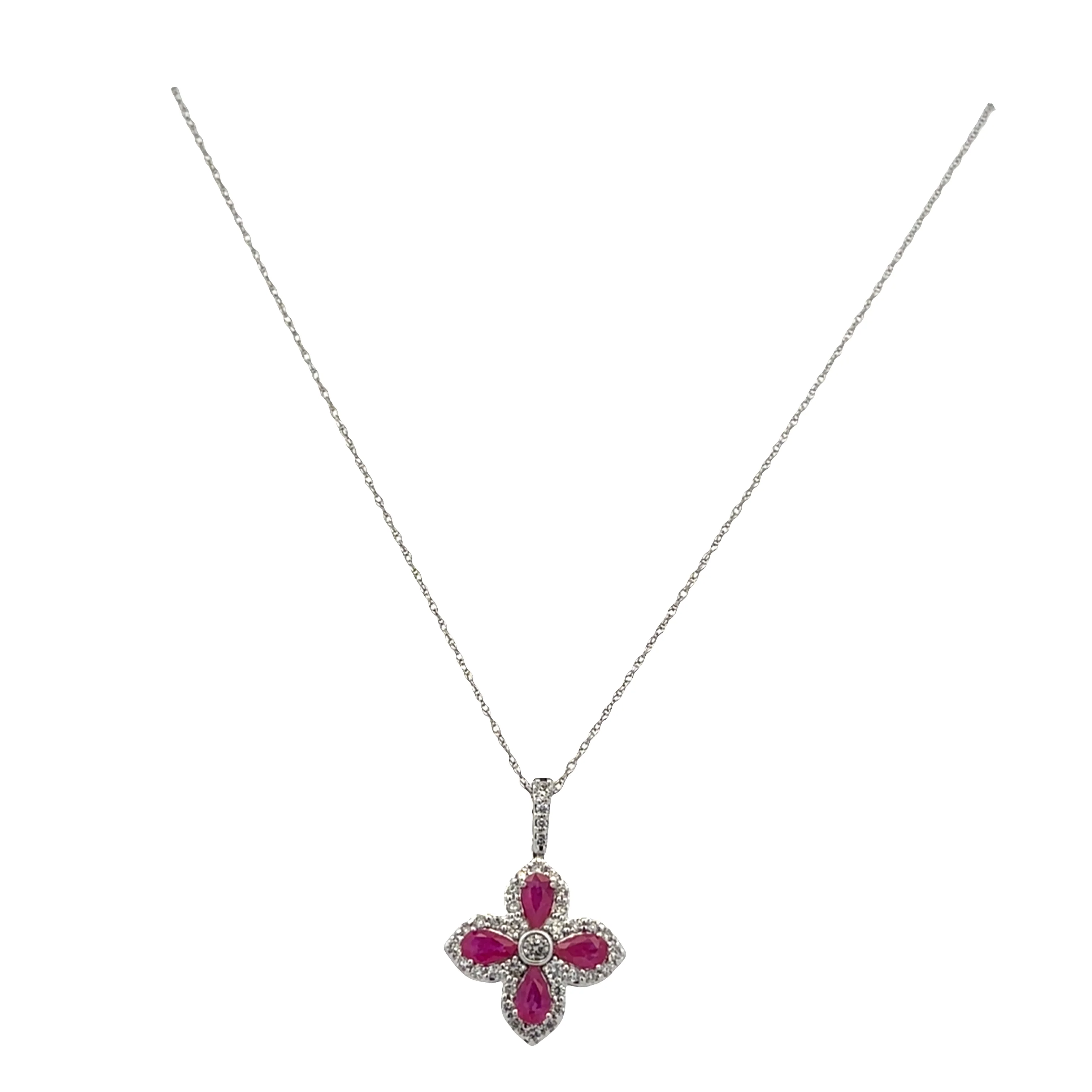 14k White Gold Ruby & Diamond Quatrefoil Pendant Necklace – 18" - Image 3