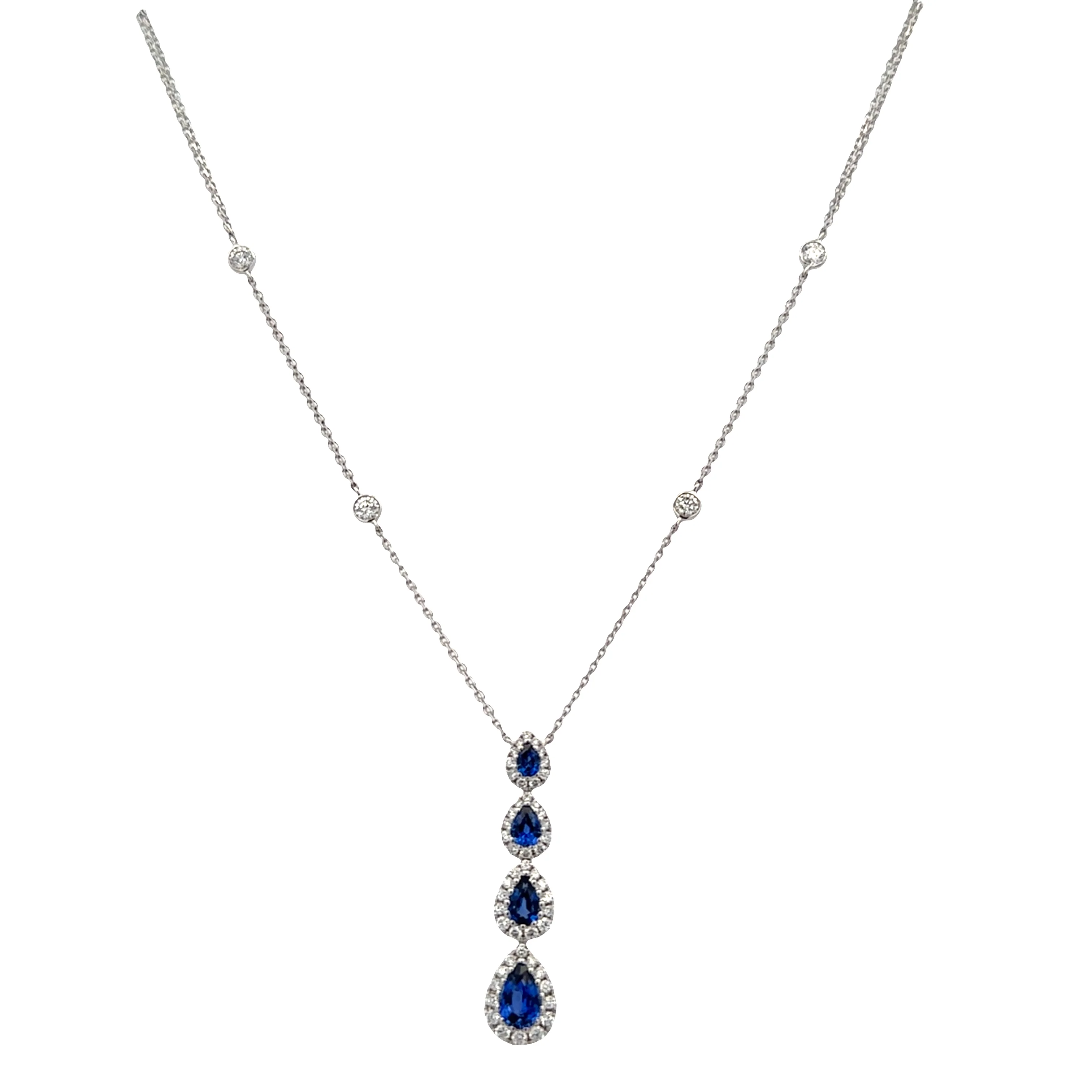 14k White Gold Sapphire and Diamond Drop Necklace - Image 2