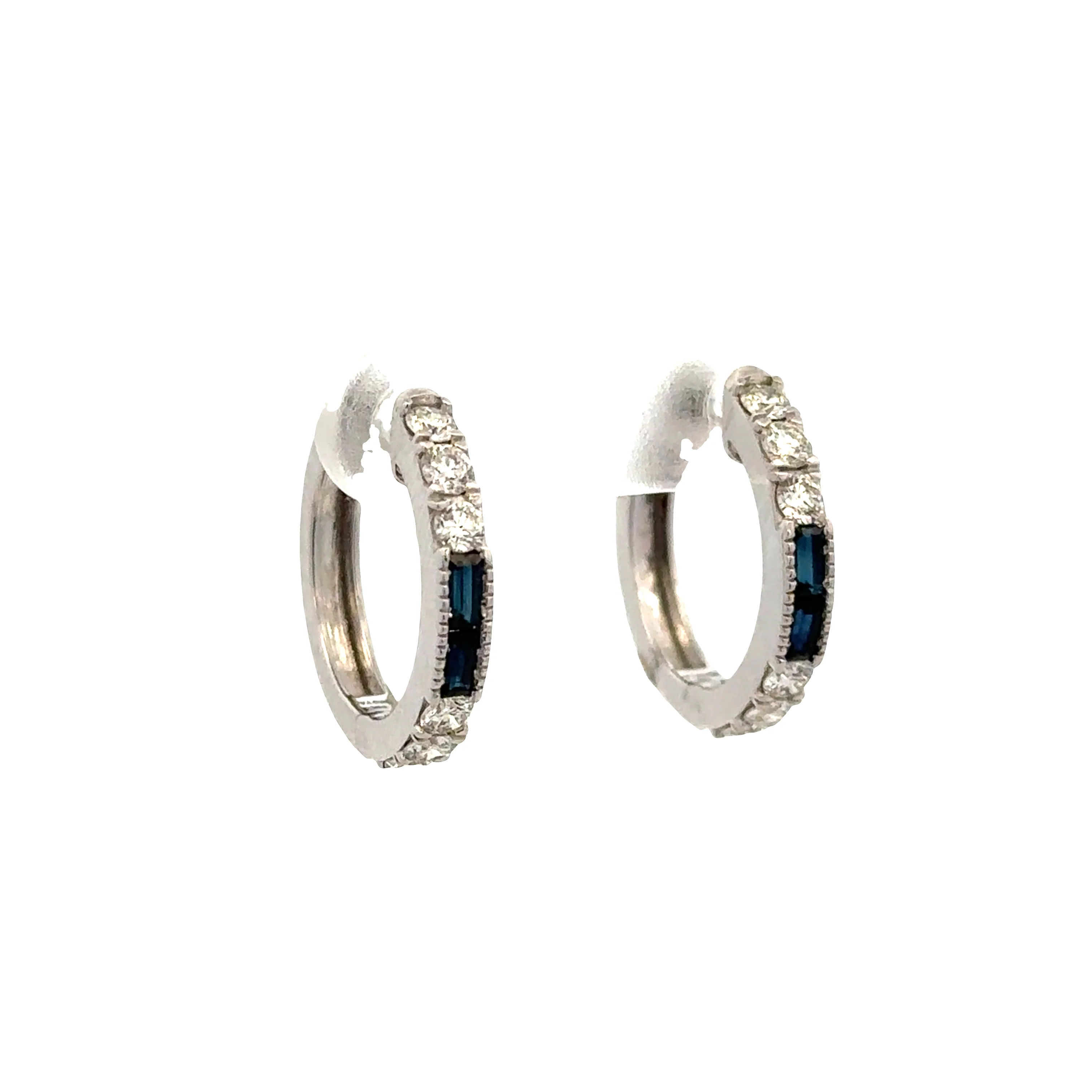 14k White Gold Sapphire and Diamond Hoop Earrings - Image 2