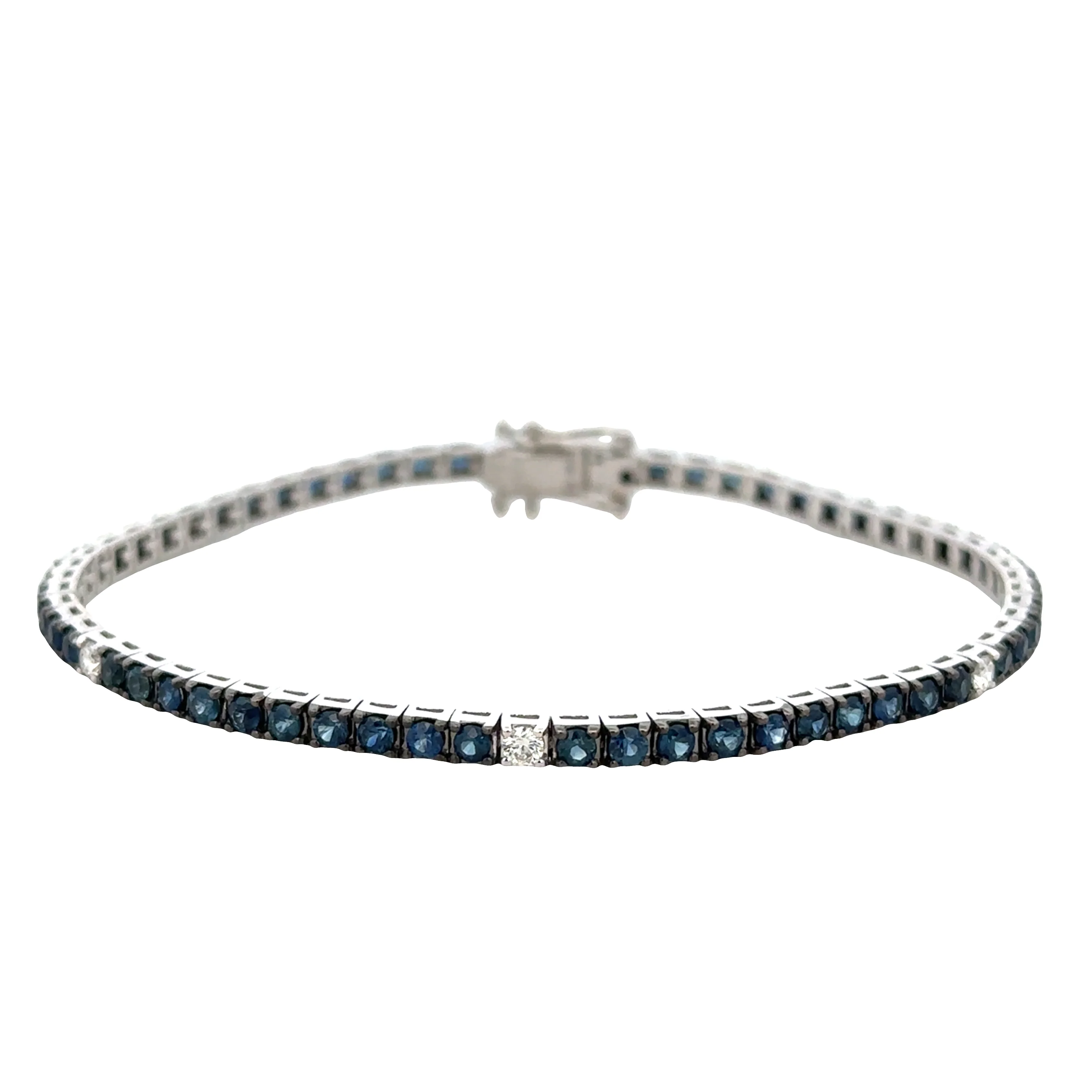 14k White Gold Sapphire & Diamond Alternating Straight Line Bracelet – 7" Long