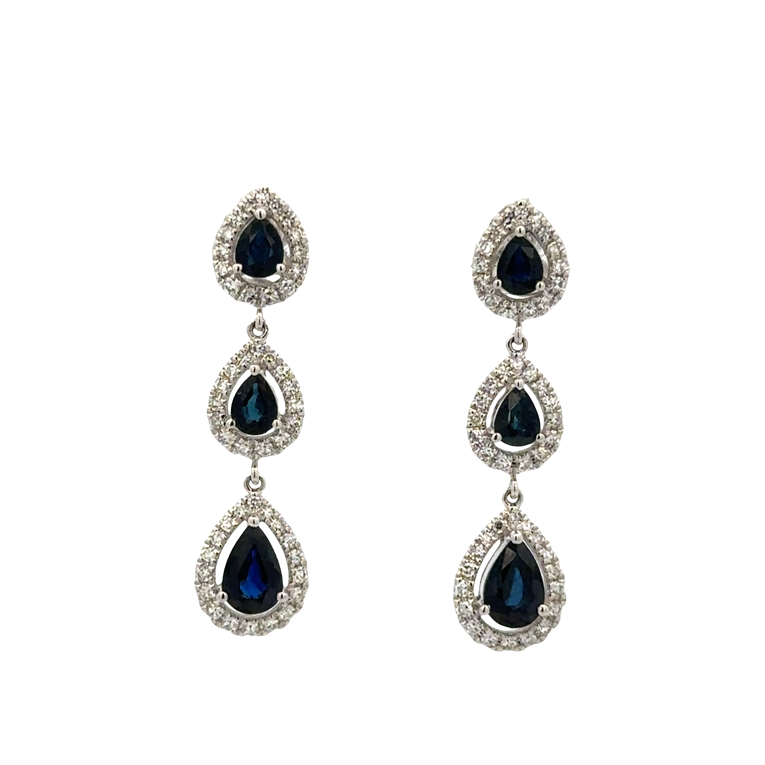 14k White Gold Sapphire & Diamond Cascading Drop Earrings – 1 1/8" Tall