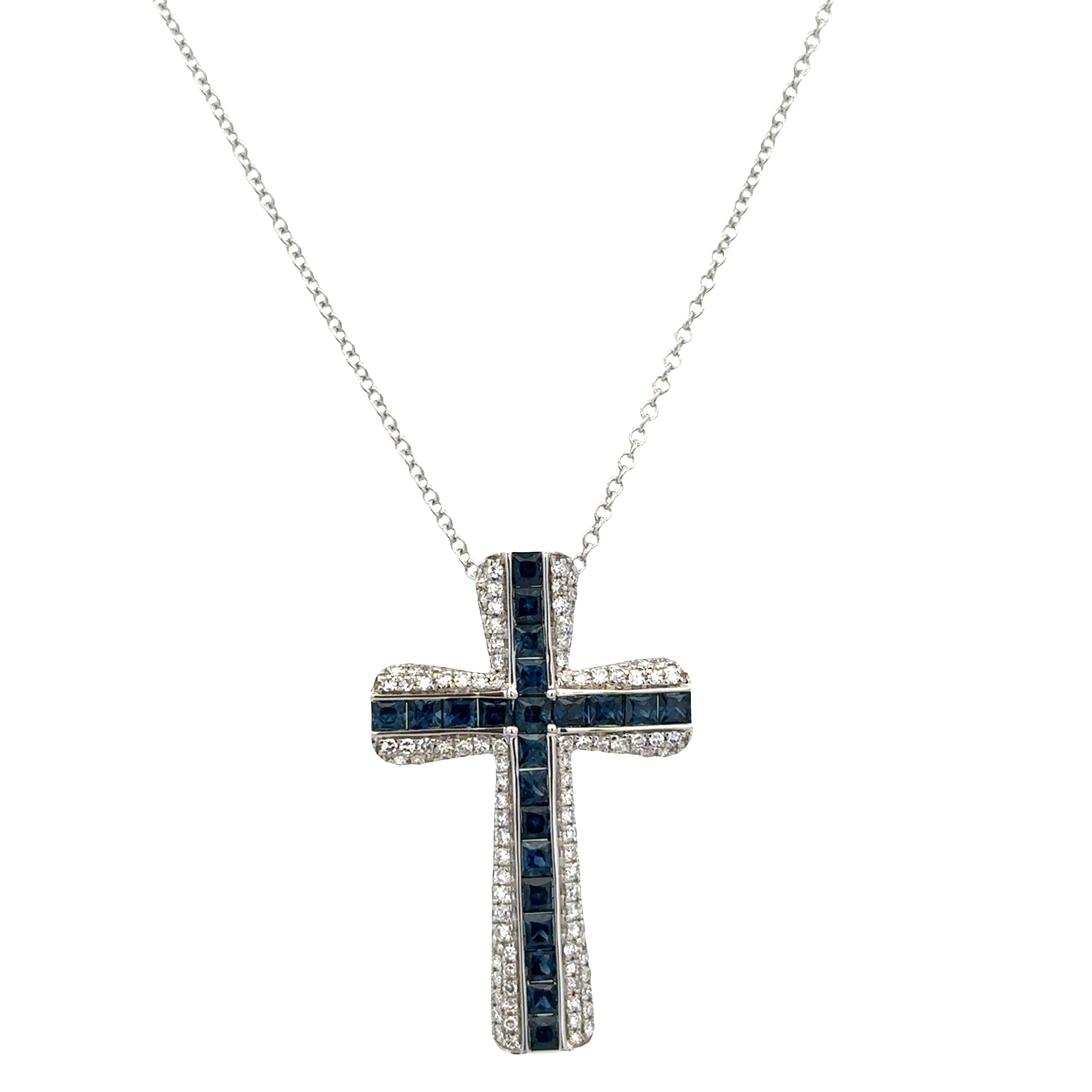 14k White Gold Sapphire & Diamond Cross Pendant Necklace – Adjustable 18"