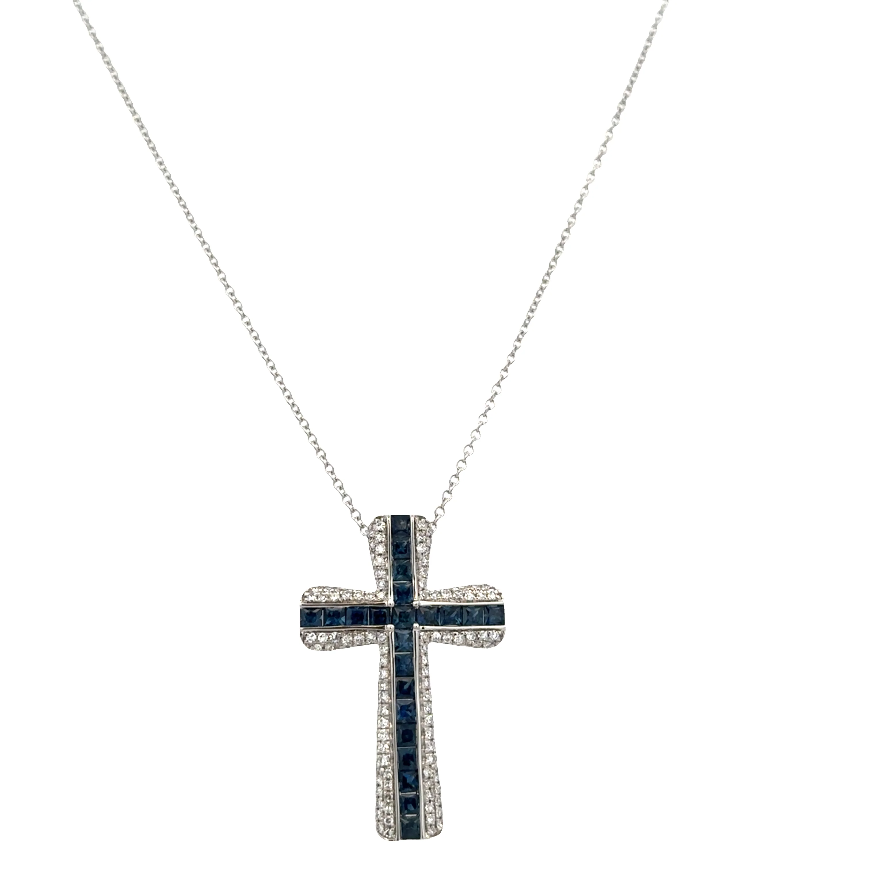 14k White Gold Sapphire & Diamond Cross Pendant Necklace – Adjustable 18" - Image 2
