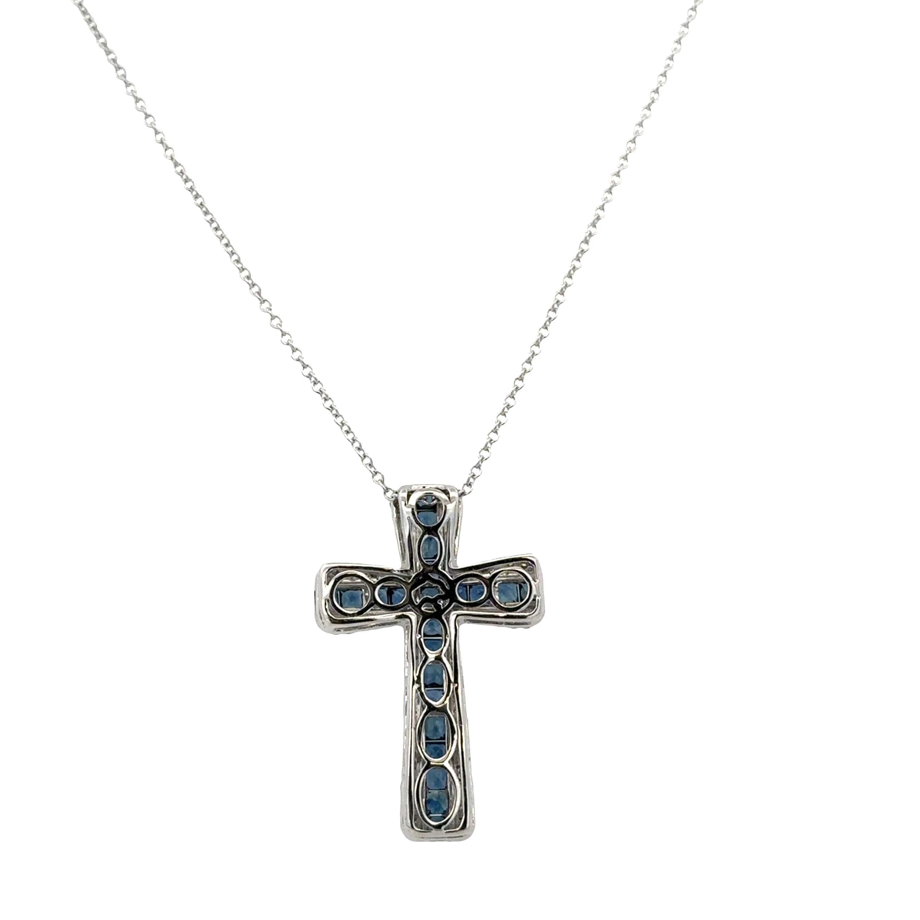 14k White Gold Sapphire & Diamond Cross Pendant Necklace – Adjustable 18" - Image 3