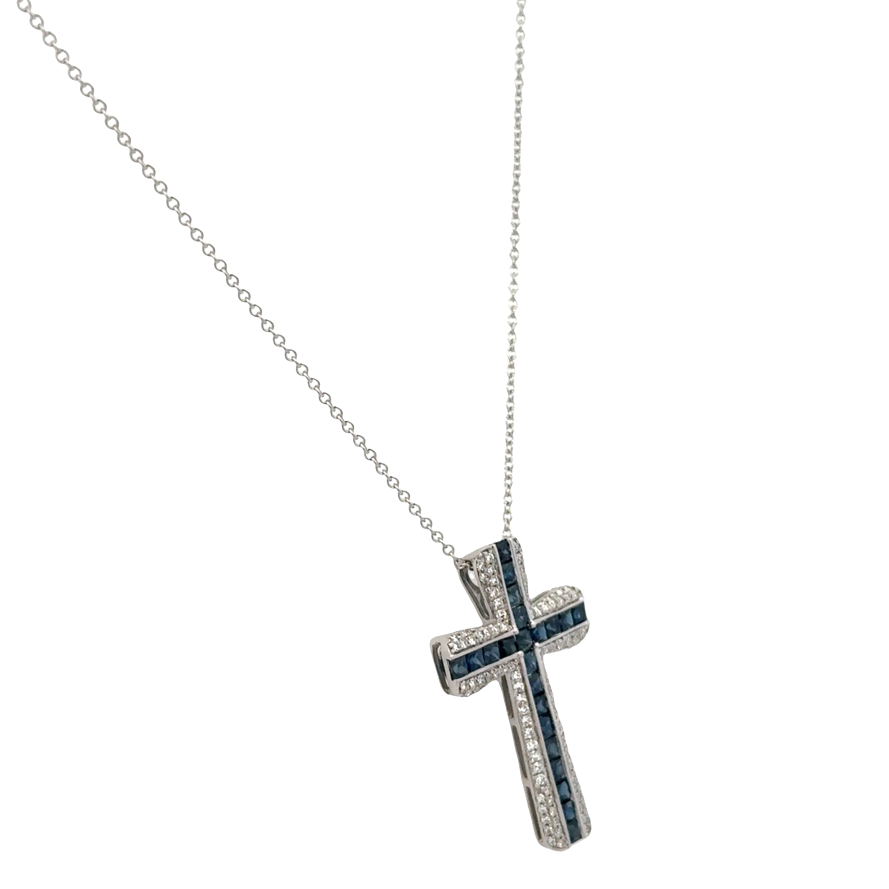 14k White Gold Sapphire & Diamond Cross Pendant Necklace – Adjustable 18" - Image 4