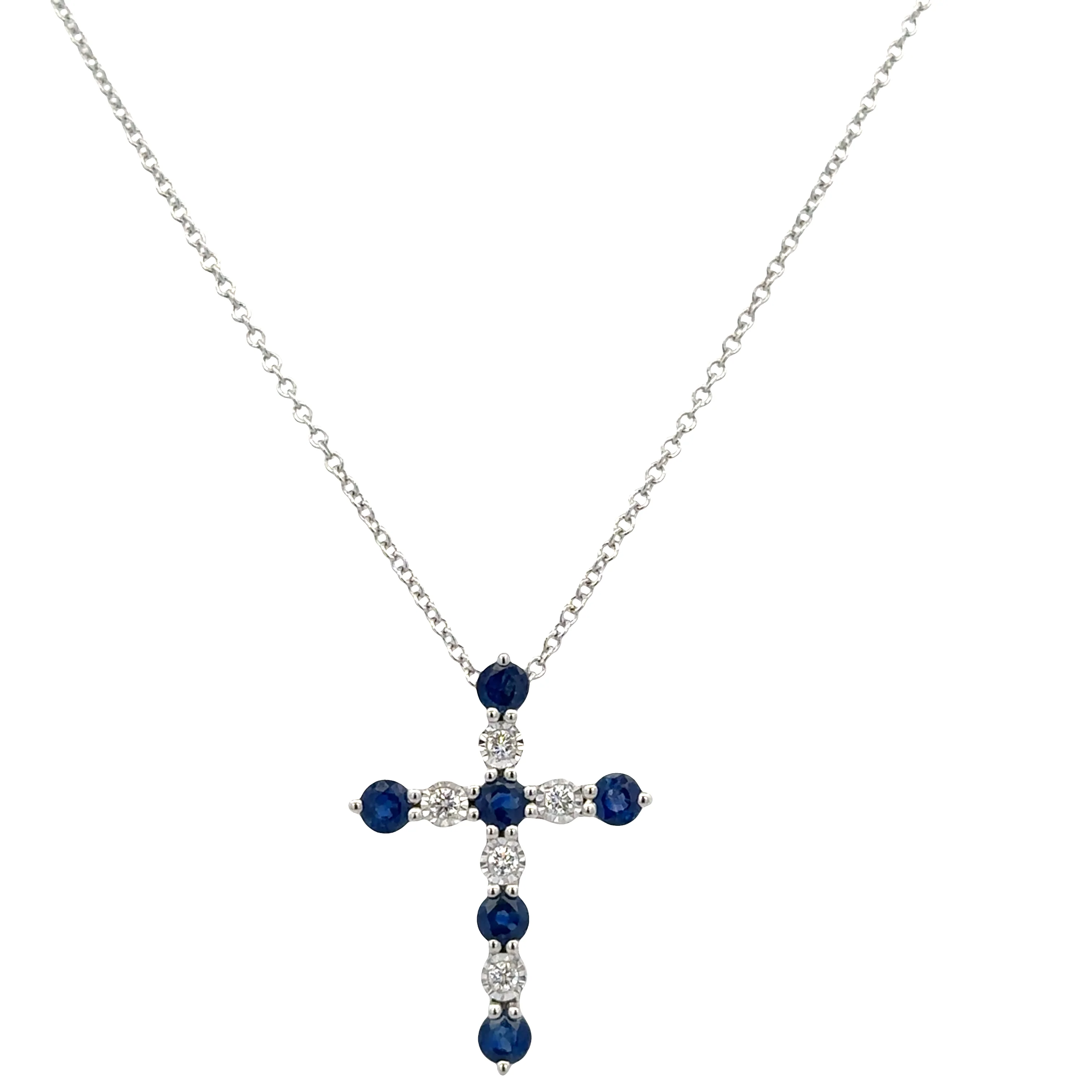 14k White Gold Sapphire & Diamond Cross Pendant Necklace – Adjustable 18"