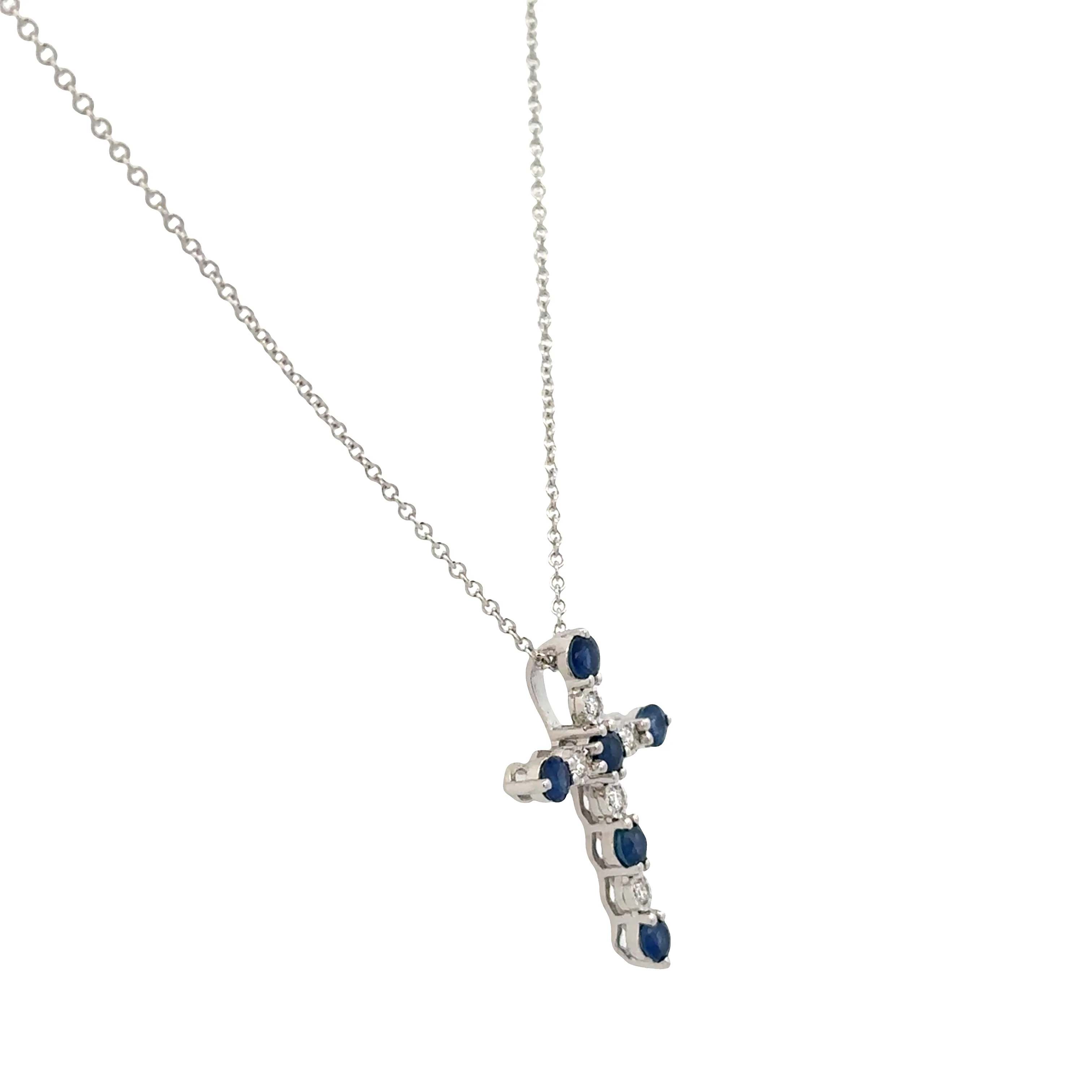 14k White Gold Sapphire & Diamond Cross Pendant Necklace – Adjustable 18" - Image 2