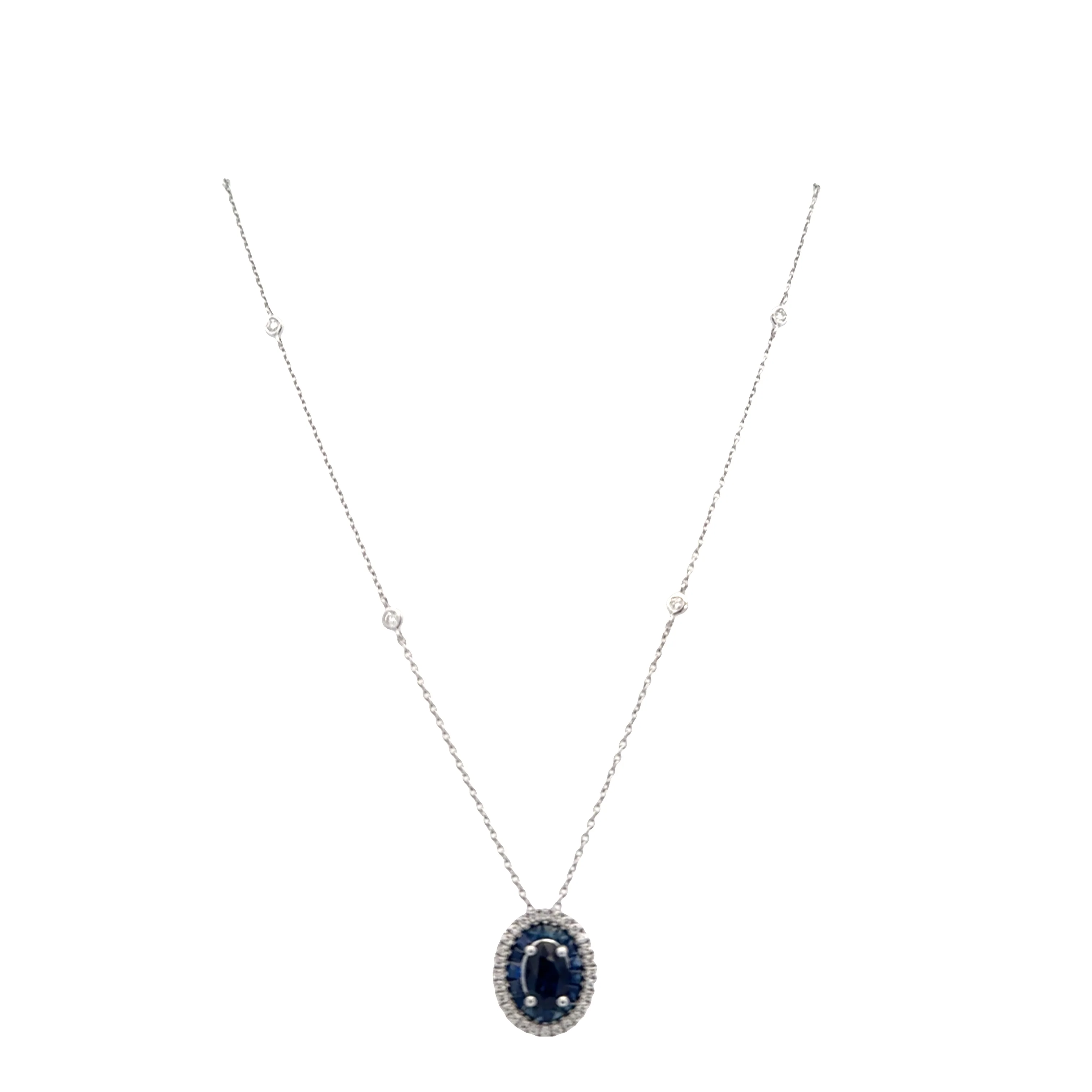 14k White Gold Sapphire & Diamond Double Halo Necklace - Image 2