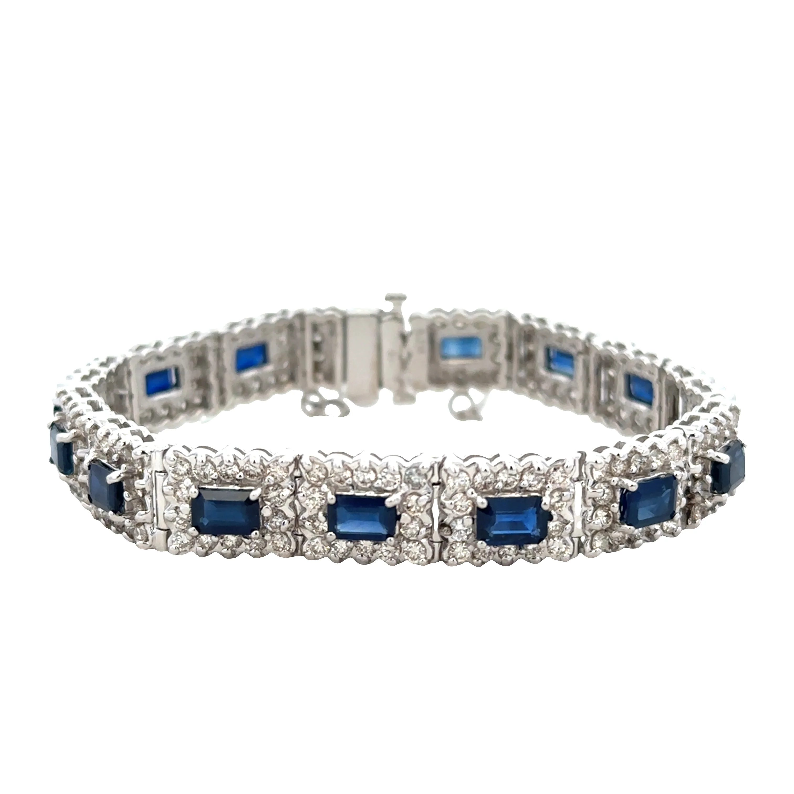 14k White Gold Sapphire & Diamond Halo Bracelet – 7" Long