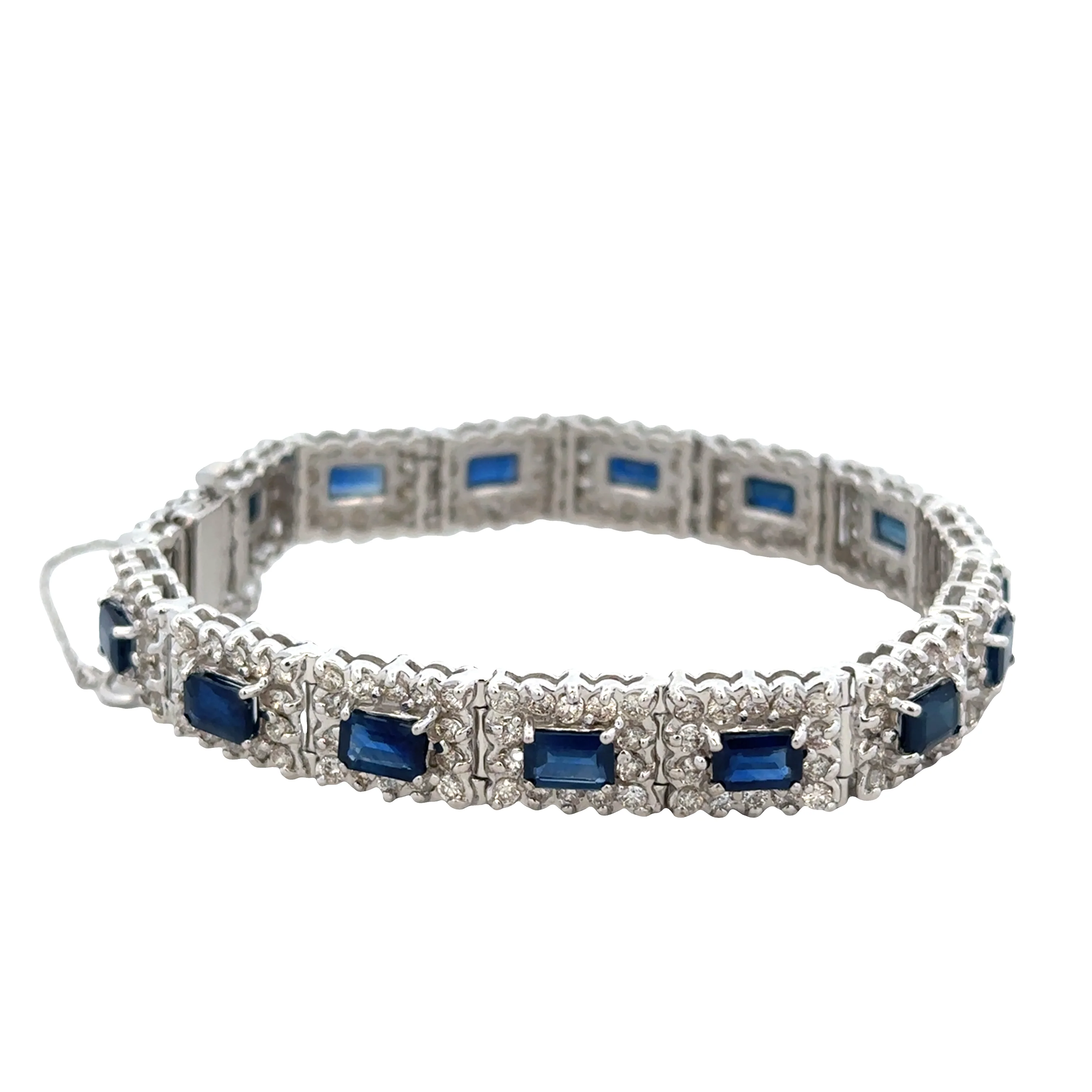 14k White Gold Sapphire & Diamond Halo Bracelet – 7" Long - Image 2