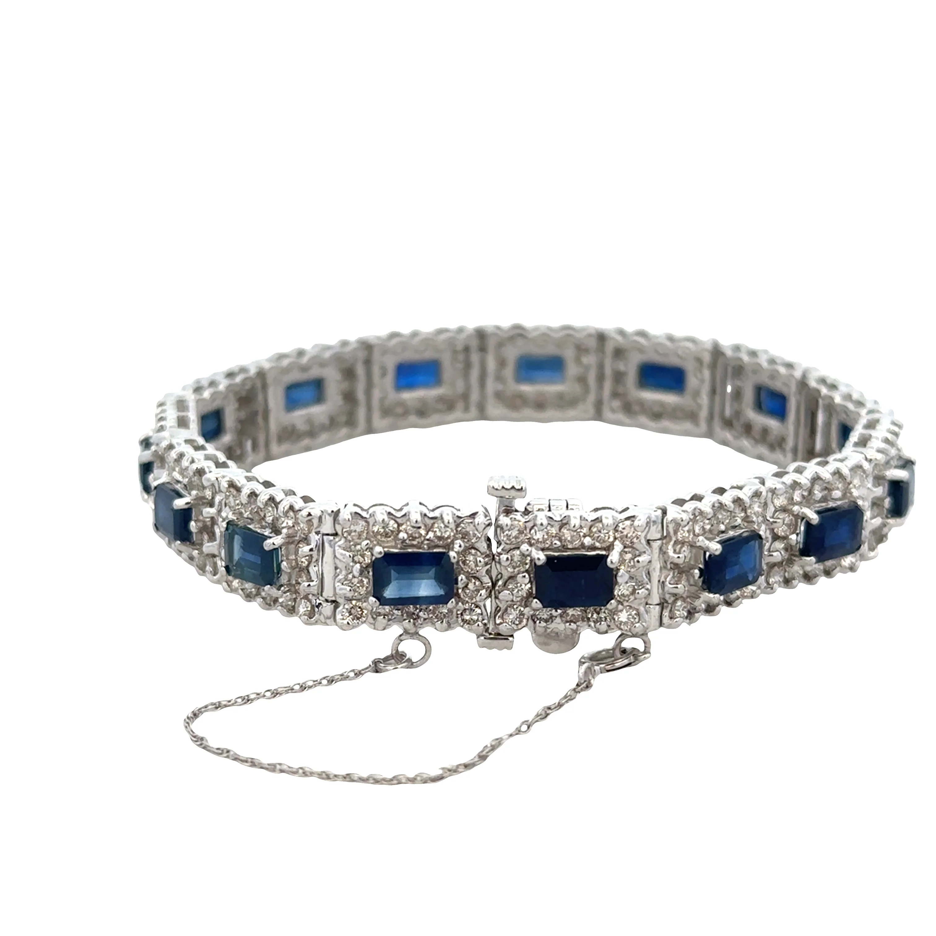 14k White Gold Sapphire & Diamond Halo Bracelet – 7" Long - Image 3