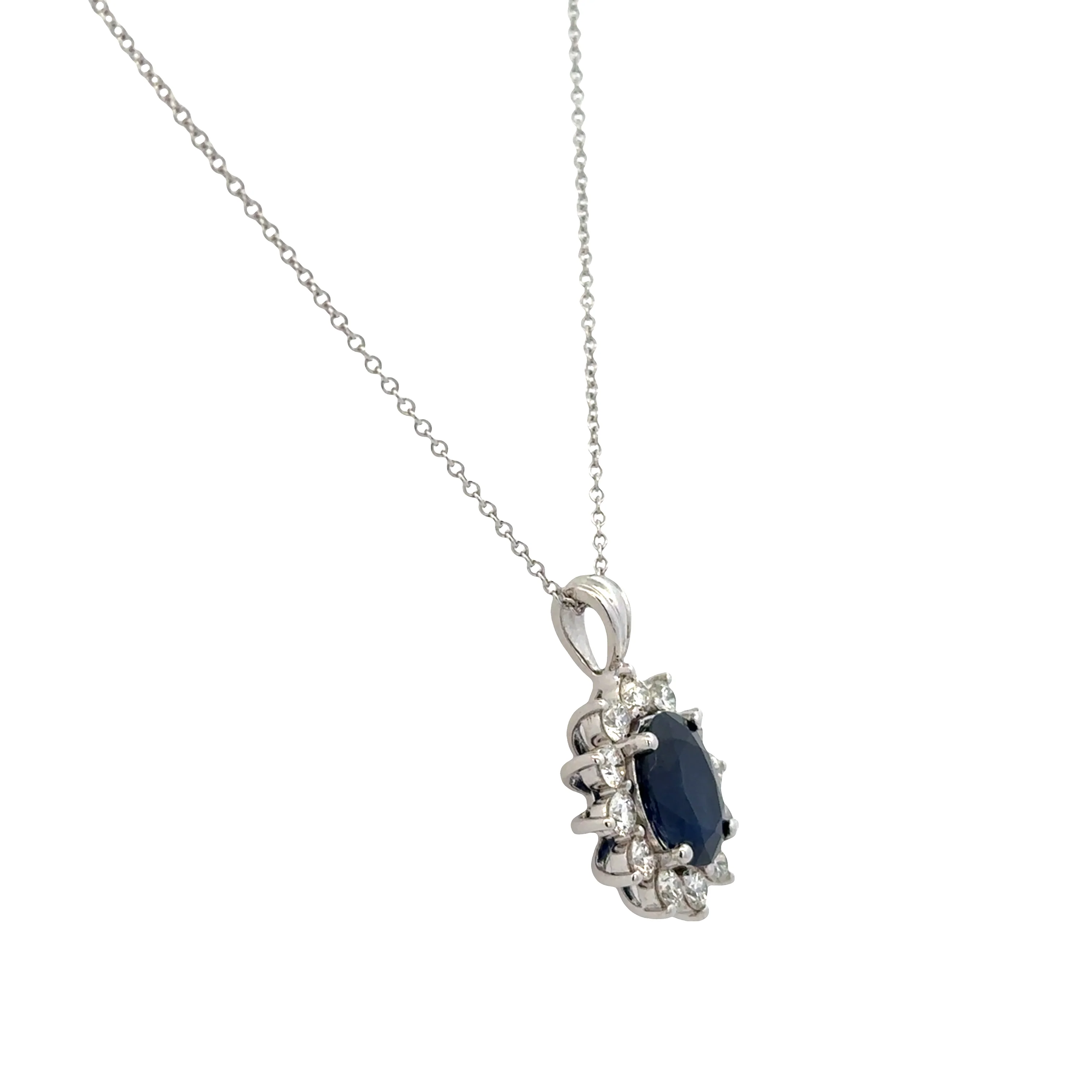 14k White Gold Sapphire & Diamond Halo Pendant Necklace – 18" - Image 2