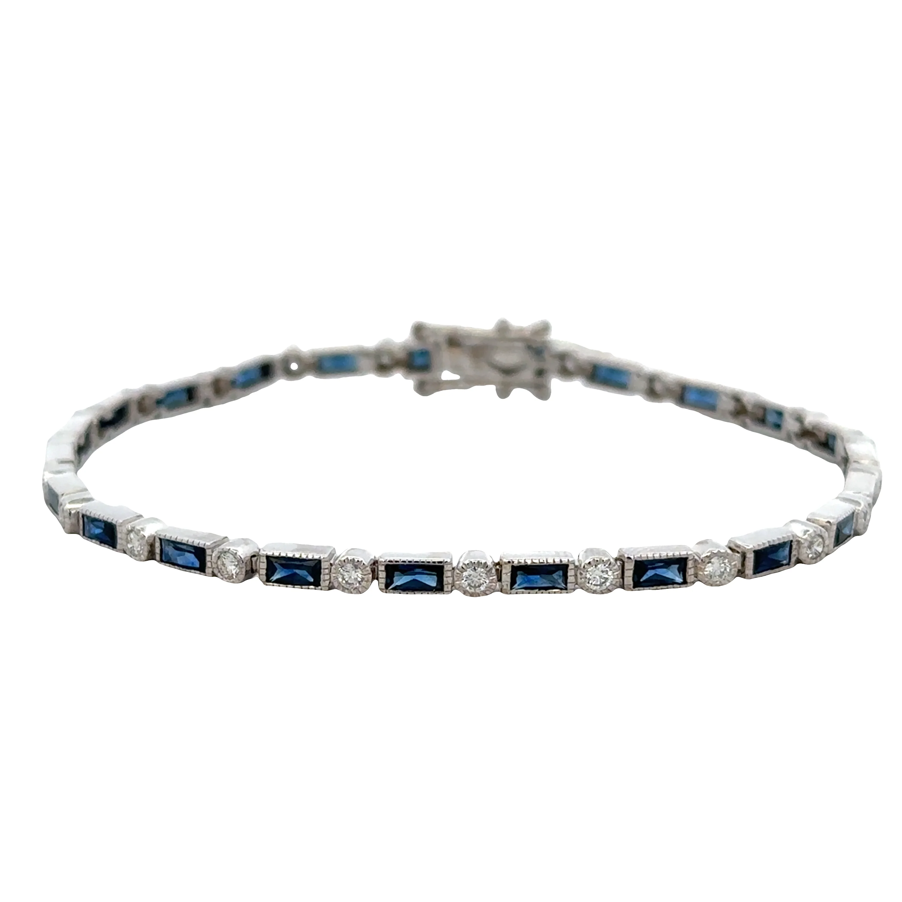 14k White Gold Sapphire & Diamond Milgrain Bezel Bracelet – 7.5" Long