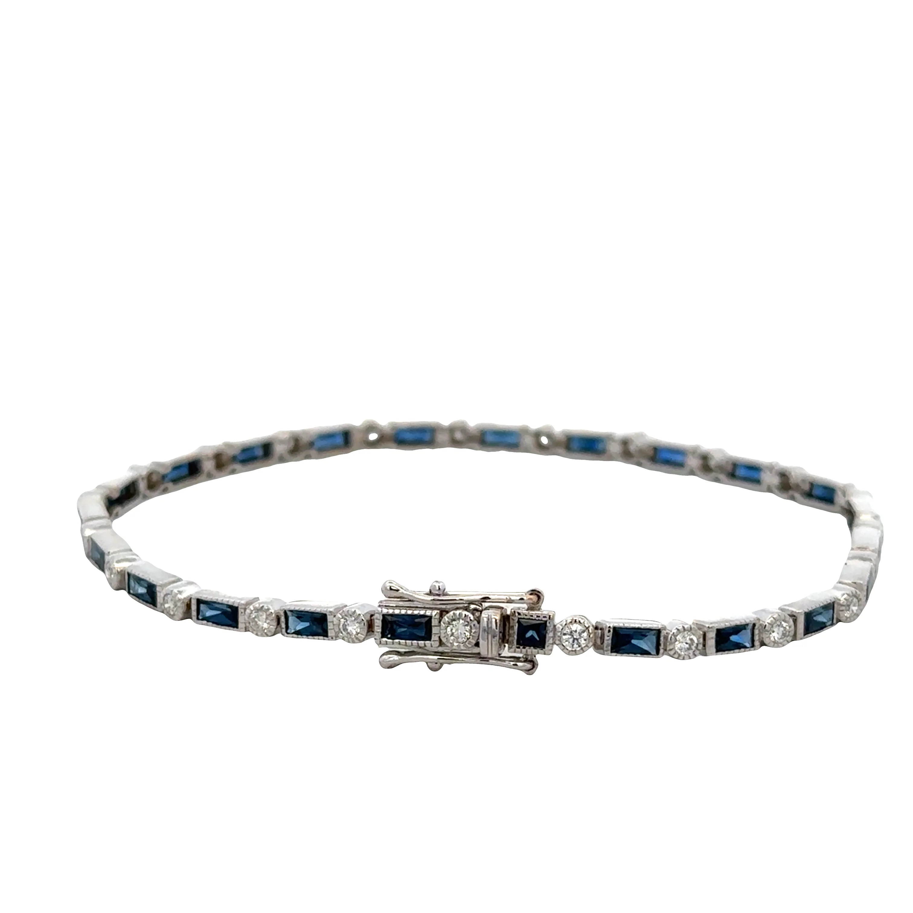 14k White Gold Sapphire & Diamond Milgrain Bezel Bracelet – 7.5" Long - Image 2