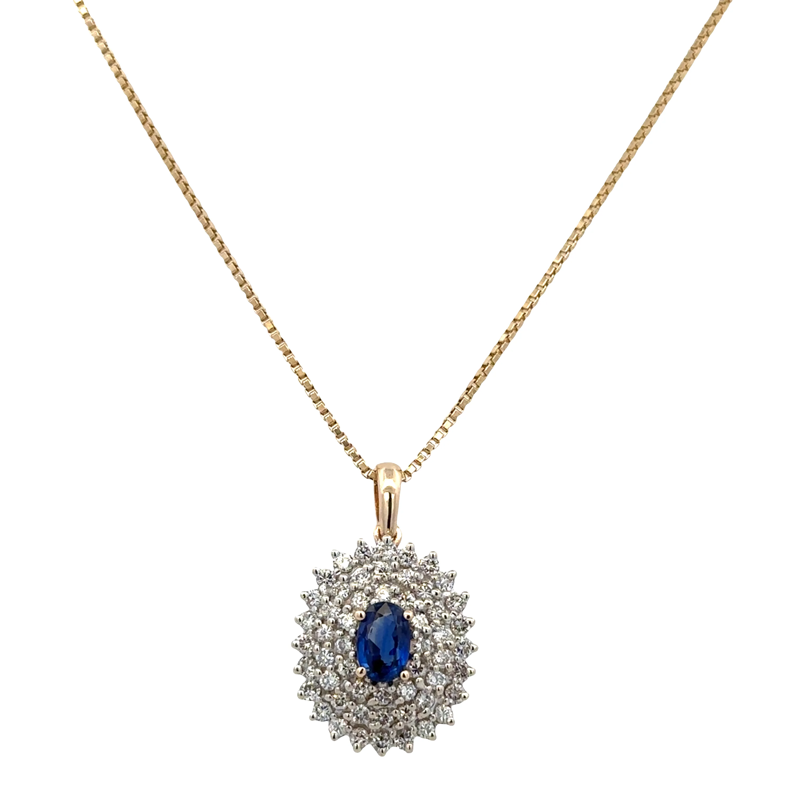 14k White Gold Sapphire & Diamond Triple Halo Pendant Necklace