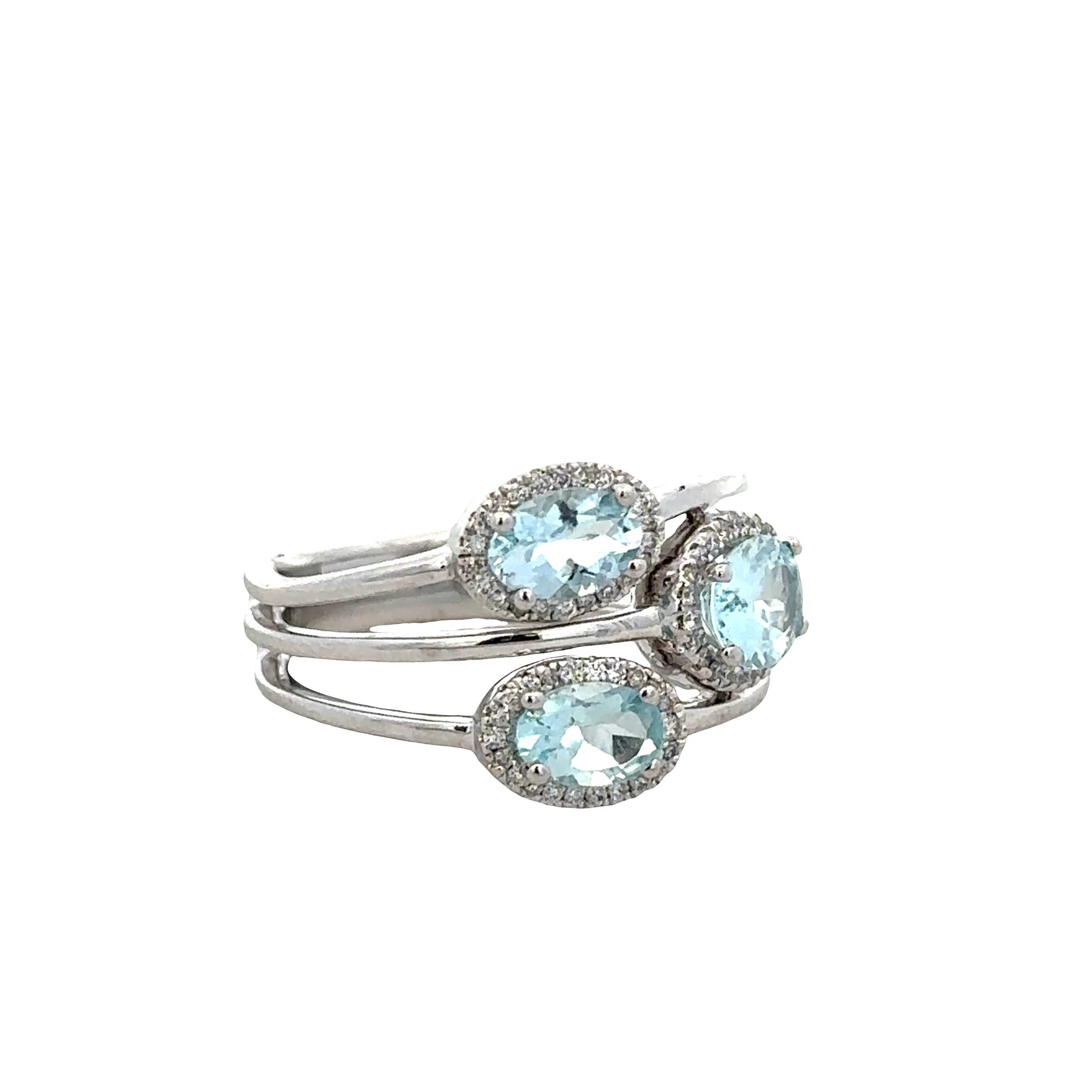 14k White Gold Split Shank Aquamarine & Diamond Halo Ring - Image 2