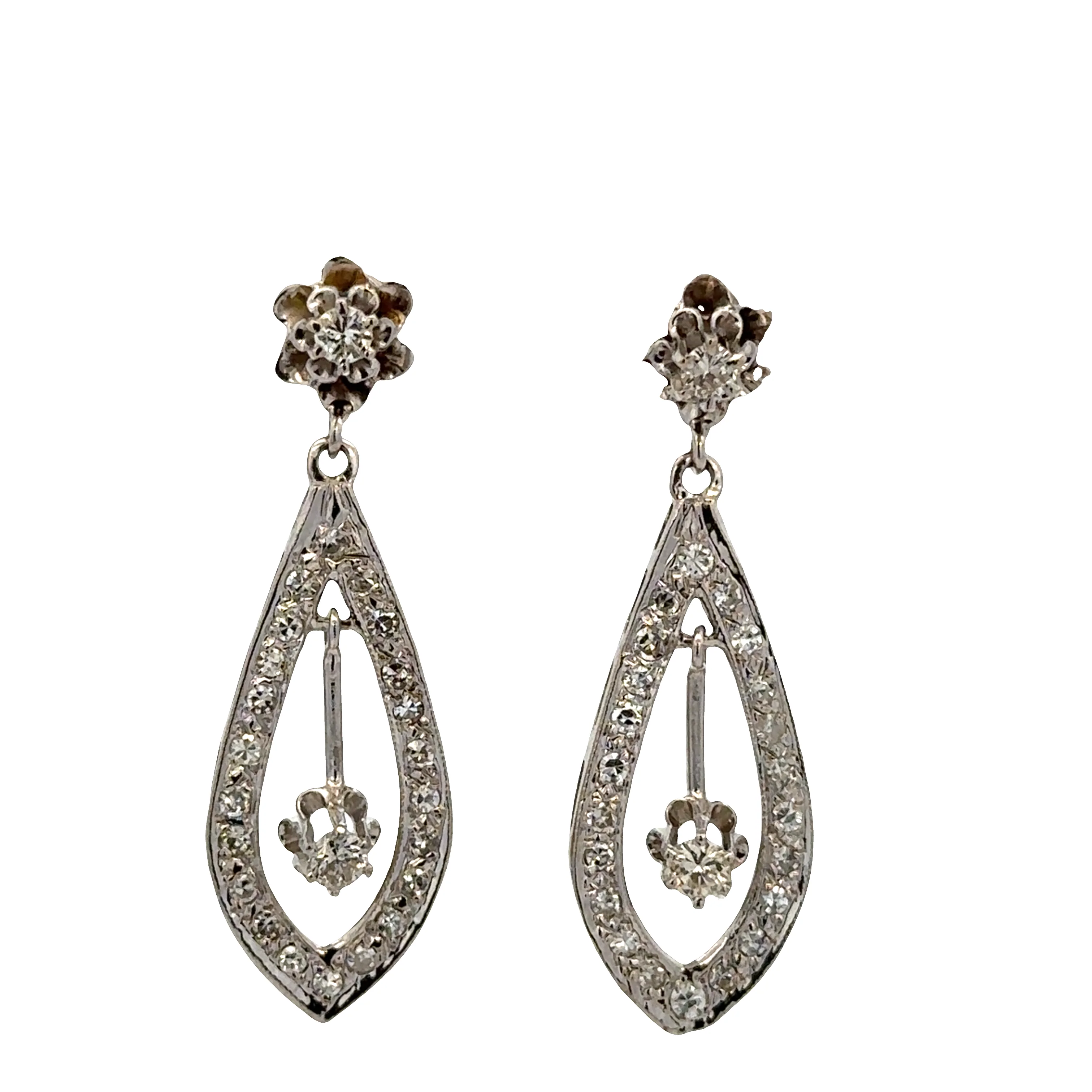 14k White Gold Teardrop Earrings with Dangling Diamond Centers – 0.74 CTW