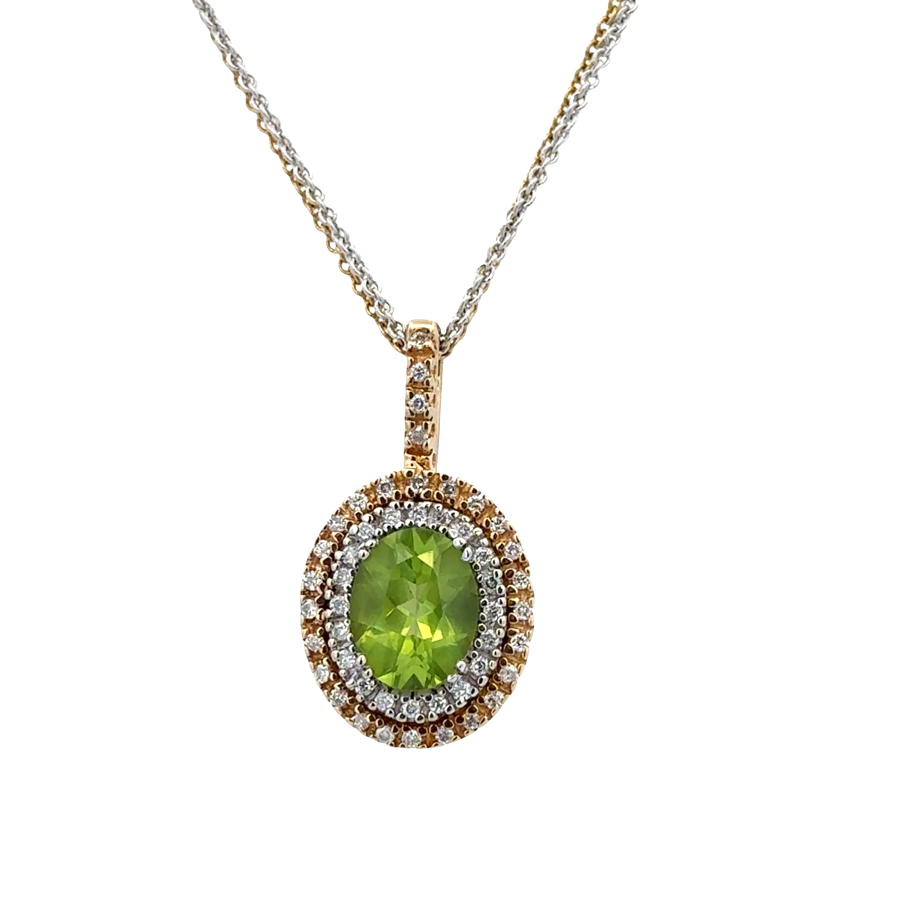 14k Yellow and White Gold Peridot and Diamond Double Halo Pendant