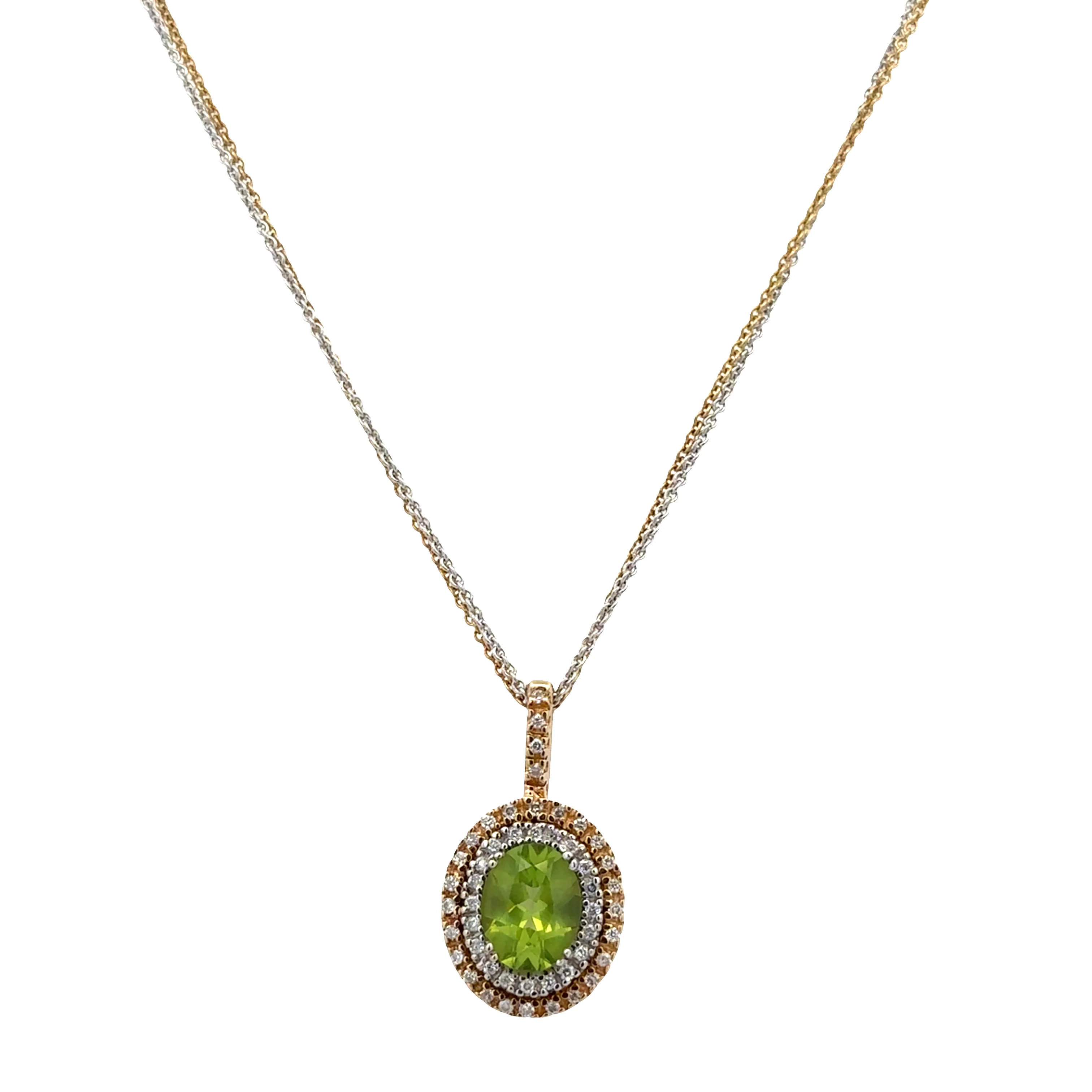 14k Yellow and White Gold Peridot and Diamond Double Halo Pendant - Image 2