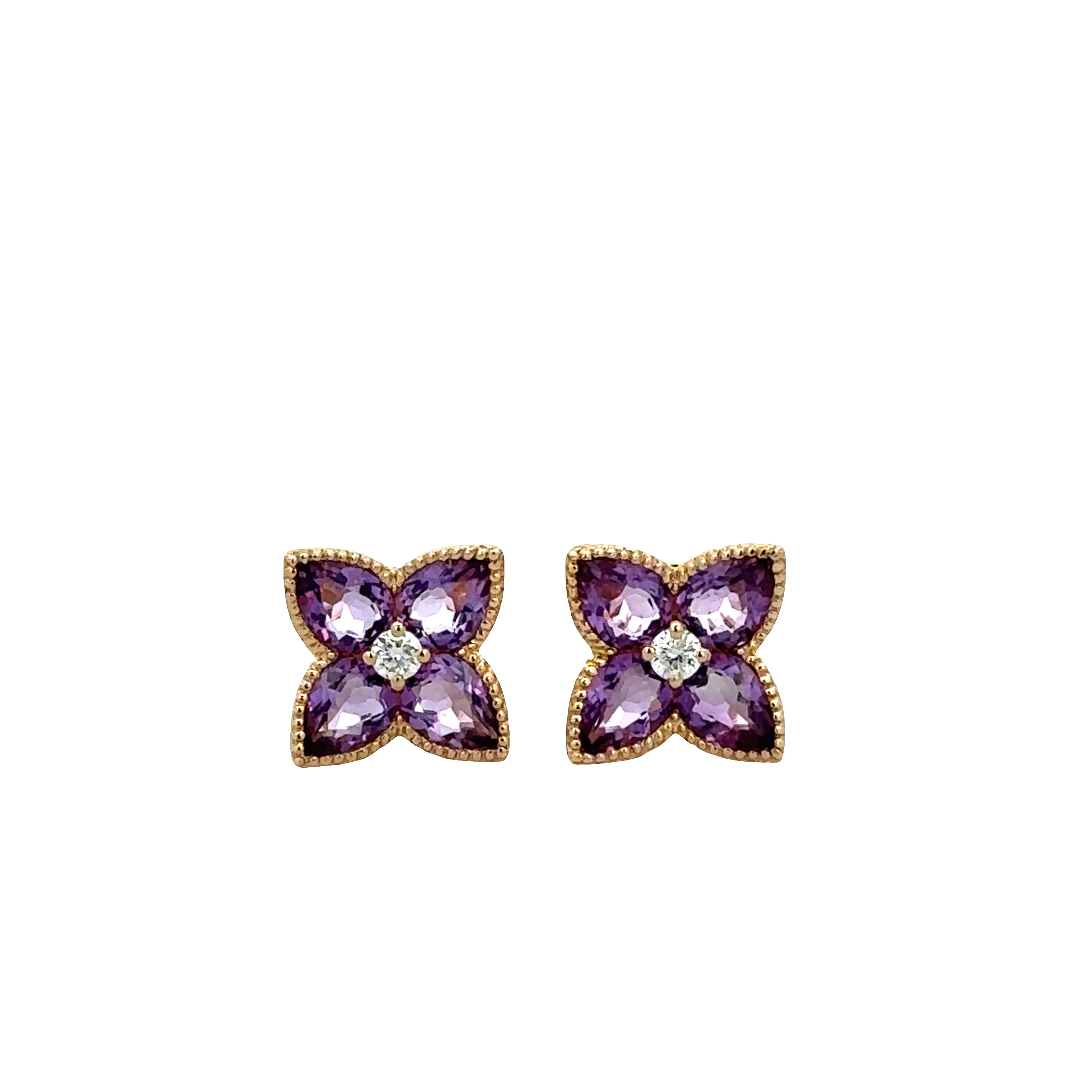 14k Yellow Gold Amethyst & Diamond Floral Stud Earrings – 7.8mm