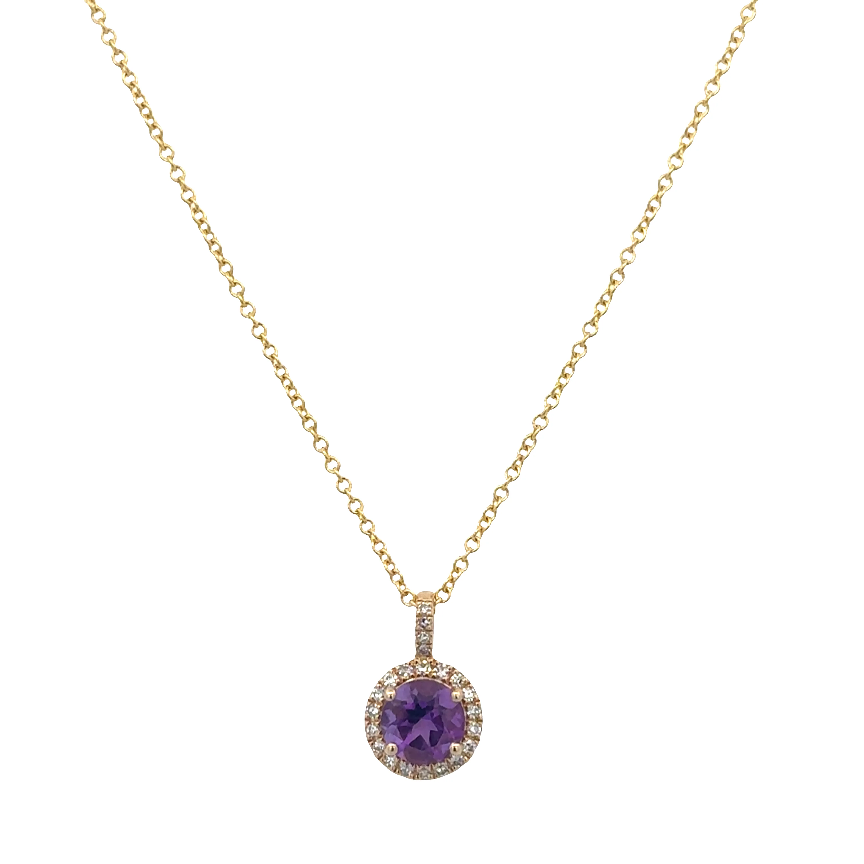 14k Yellow Gold Amethyst & Diamond Halo Pendant Necklace - Image 2