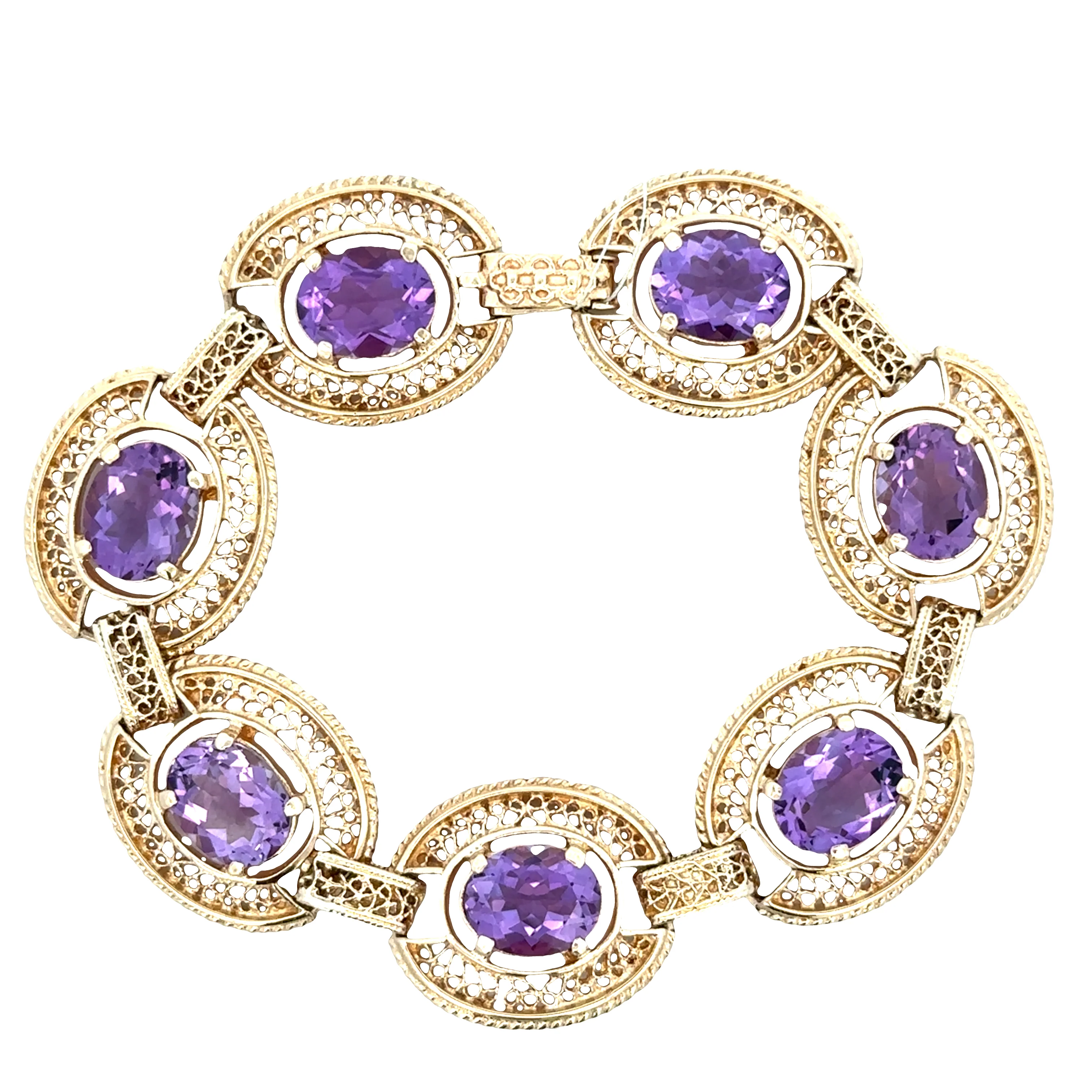 14k Yellow Gold Amethyst Openwork Statement Bracelet – 7" Long - Image 2