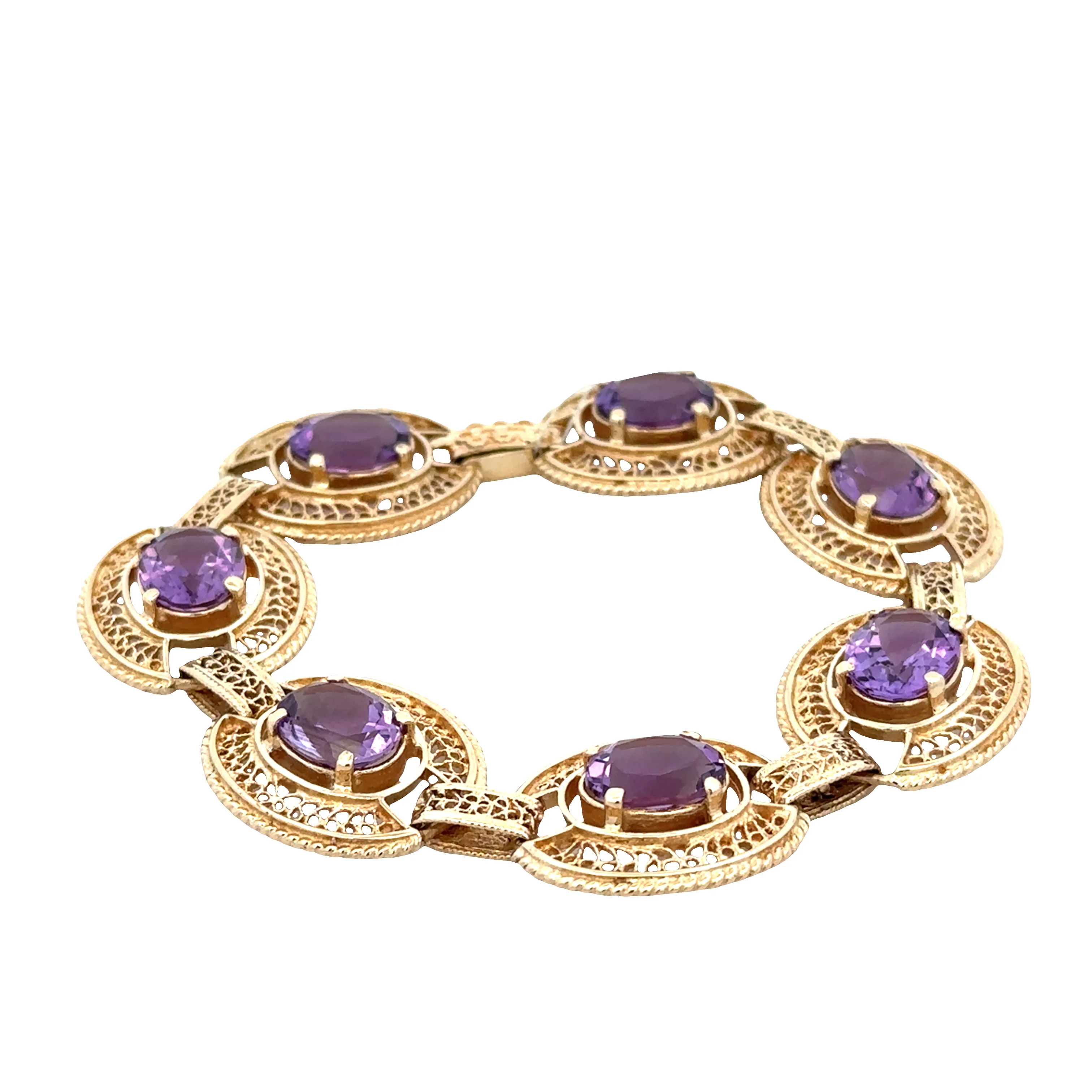 14k Yellow Gold Amethyst Openwork Statement Bracelet – 7" Long - Image 3