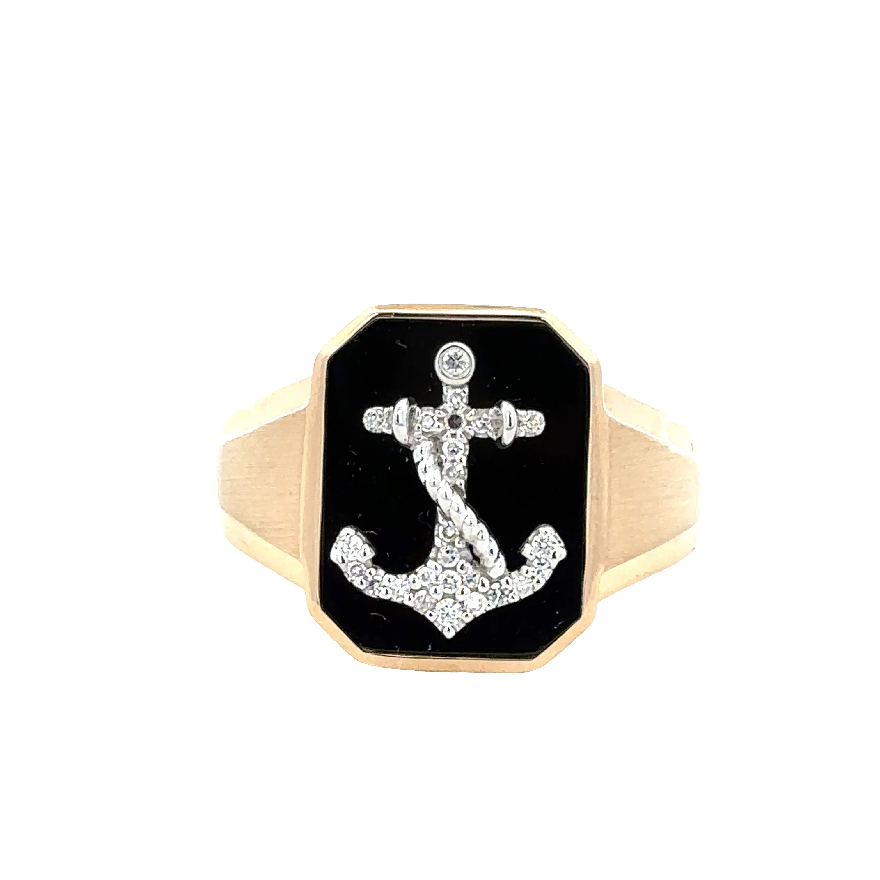 14k Yellow Gold Black Onyx and Diamond Anchor Ring – Size 10.75