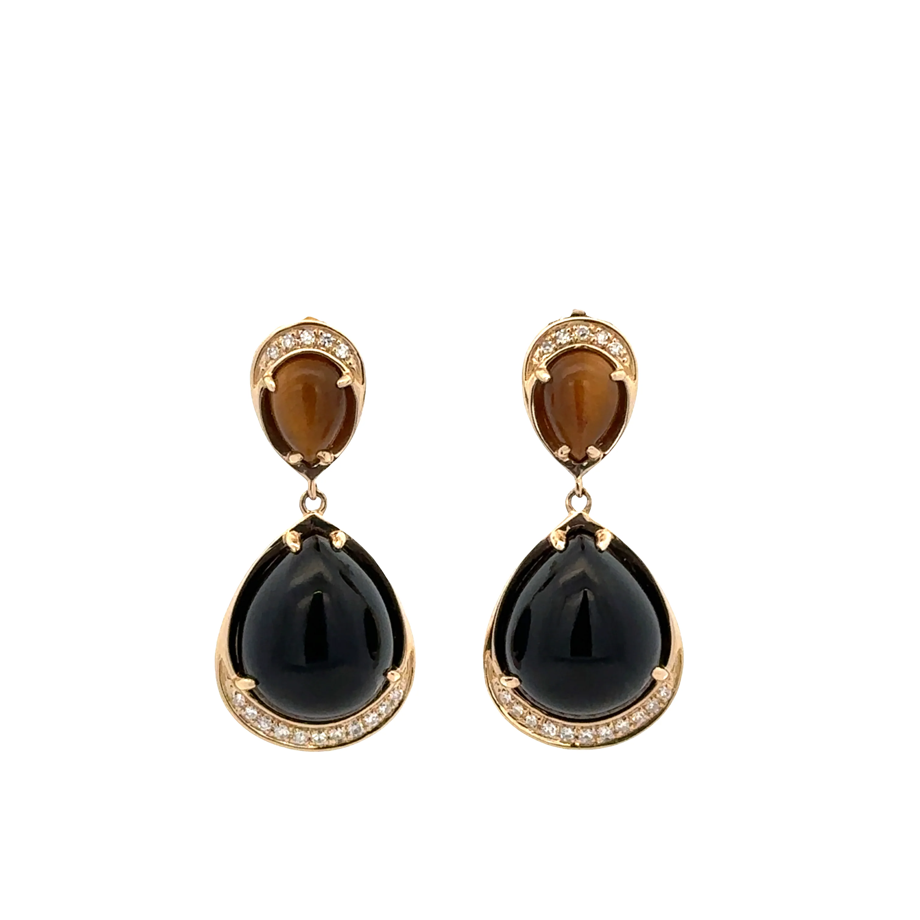 14k Yellow Gold Black Onyx, Tiger’s Eye & Diamond Dangle Earrings