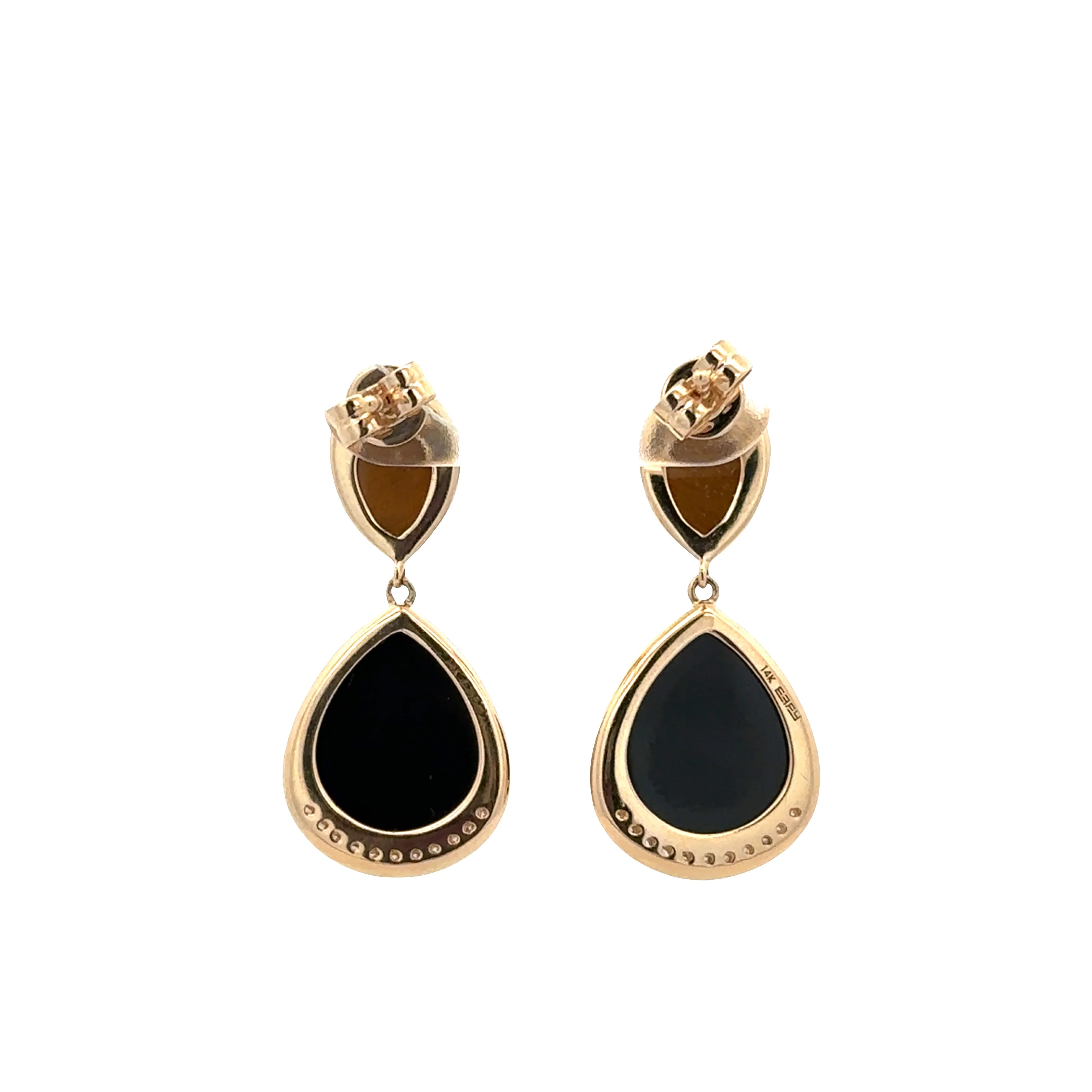 14k Yellow Gold Black Onyx, Tiger’s Eye & Diamond Dangle Earrings - Image 2