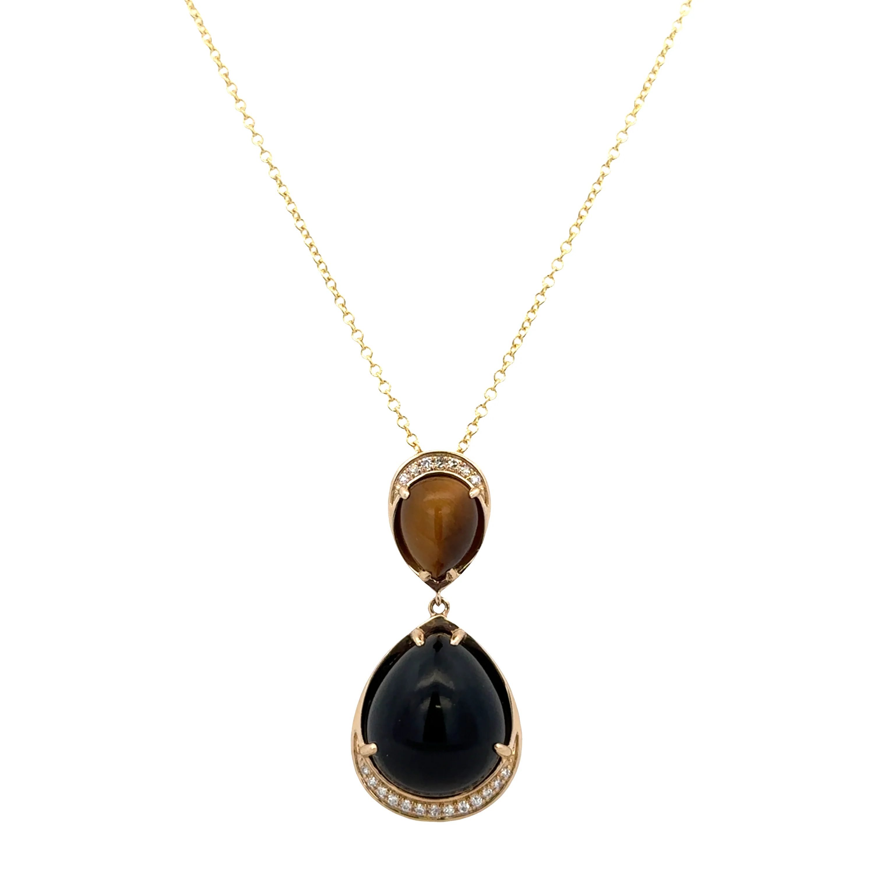 14k Yellow Gold Black Onyx, Tiger’s Eye & Diamond Pendant Necklace