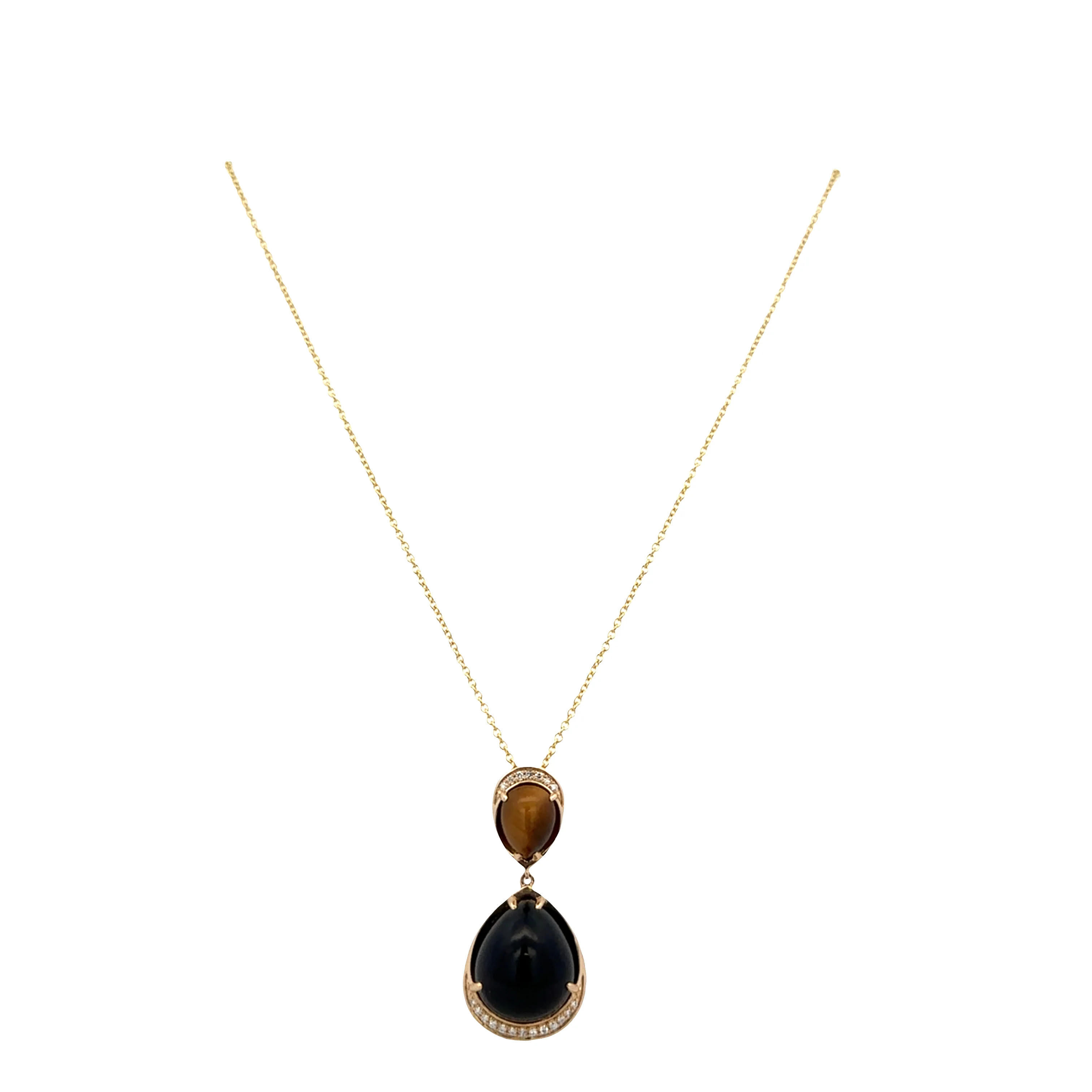 14k Yellow Gold Black Onyx, Tiger’s Eye & Diamond Pendant Necklace - Image 2
