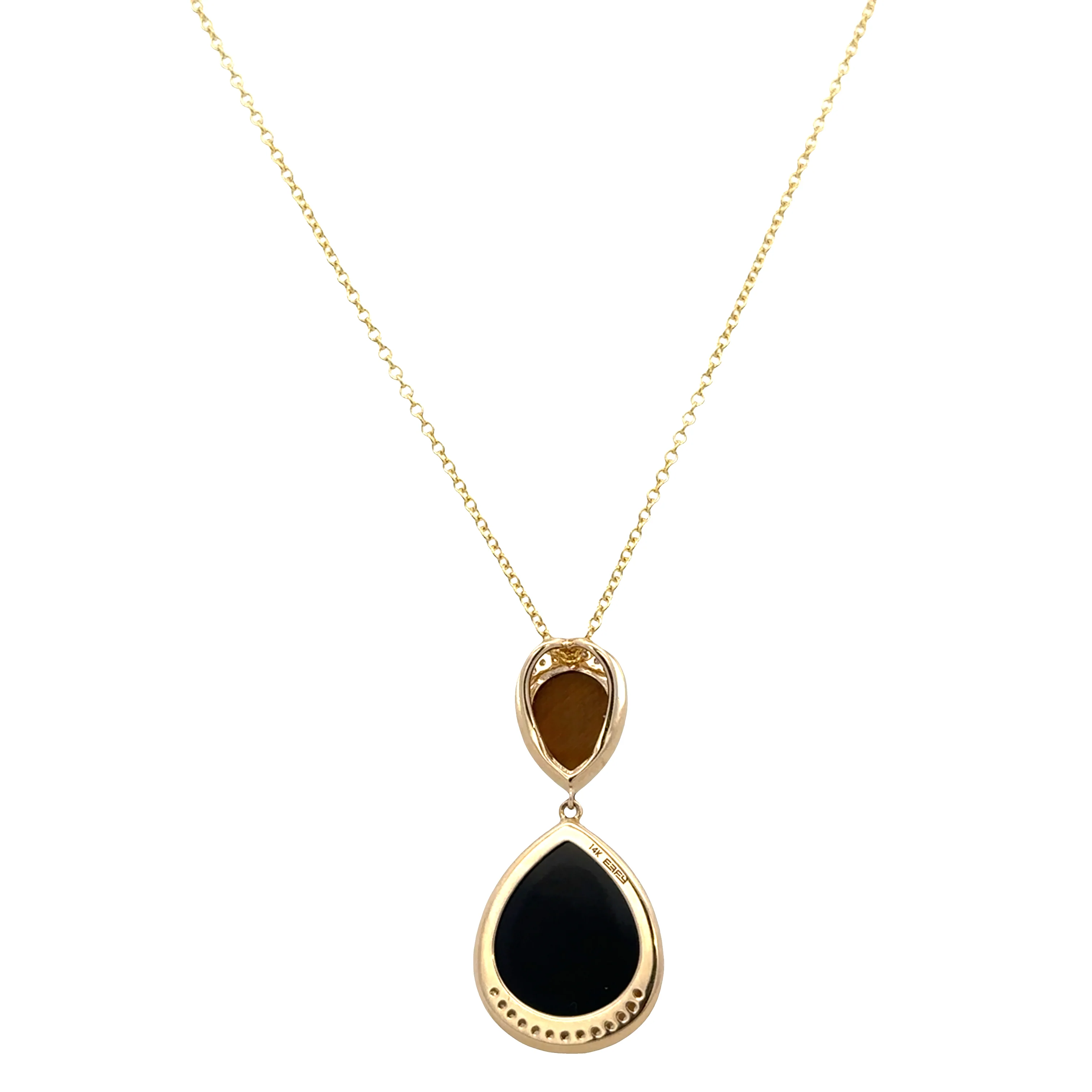 14k Yellow Gold Black Onyx, Tiger’s Eye & Diamond Pendant Necklace - Image 3
