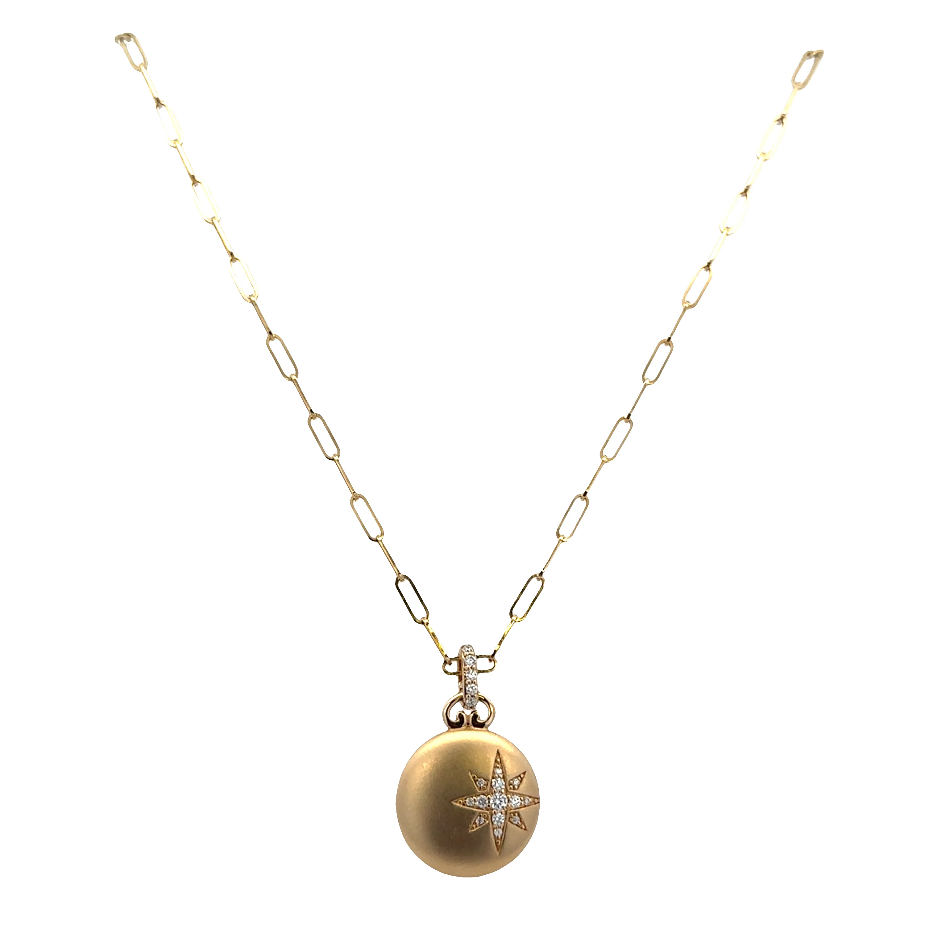 14k Yellow Gold Brushed Disc Star Pendant Necklace with 0.14 CTW Diamonds – 18" Paperclip Chain - Image 2