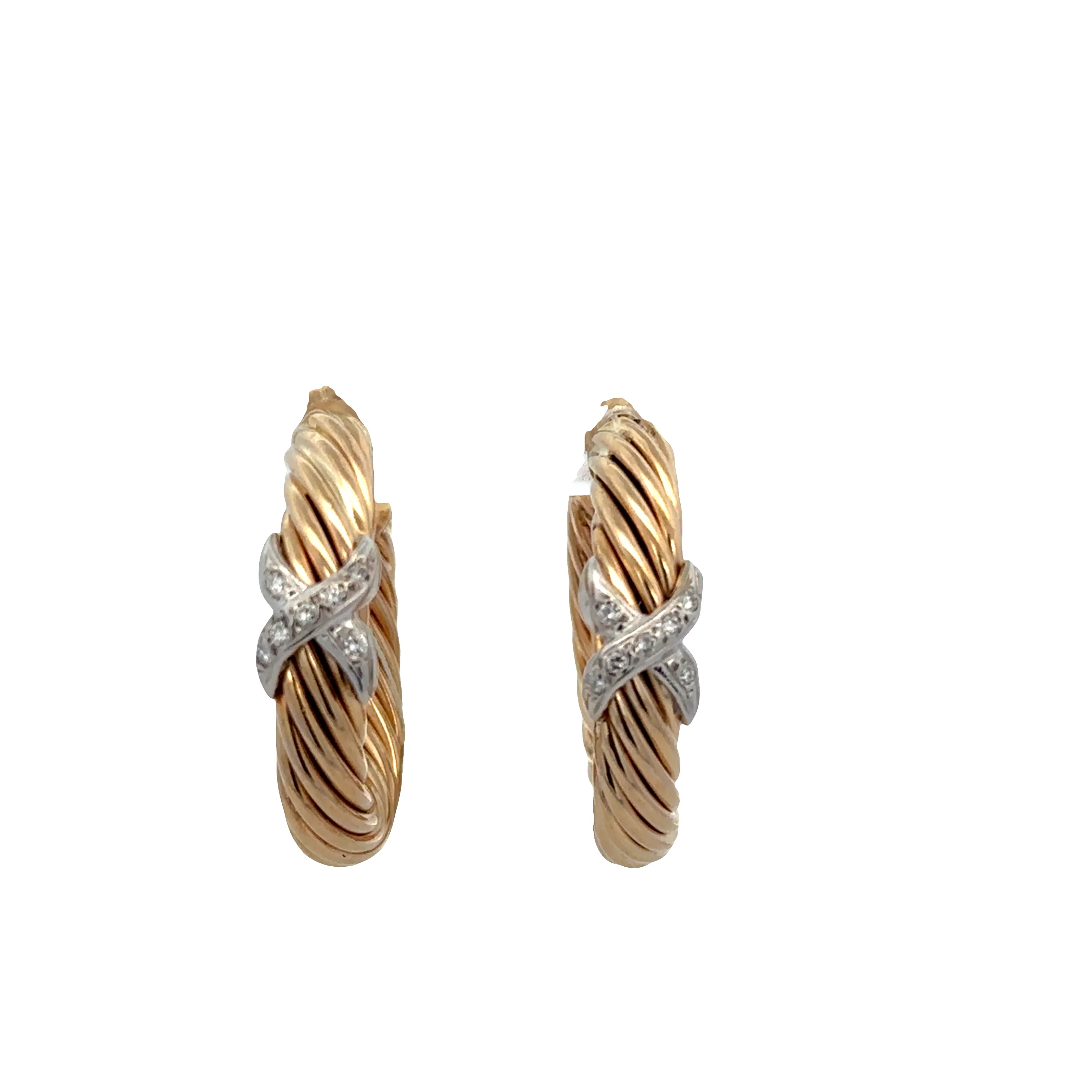 14k Yellow Gold Cable Style Hoop Earrings with Diamond Accented X Motifs - Image 2