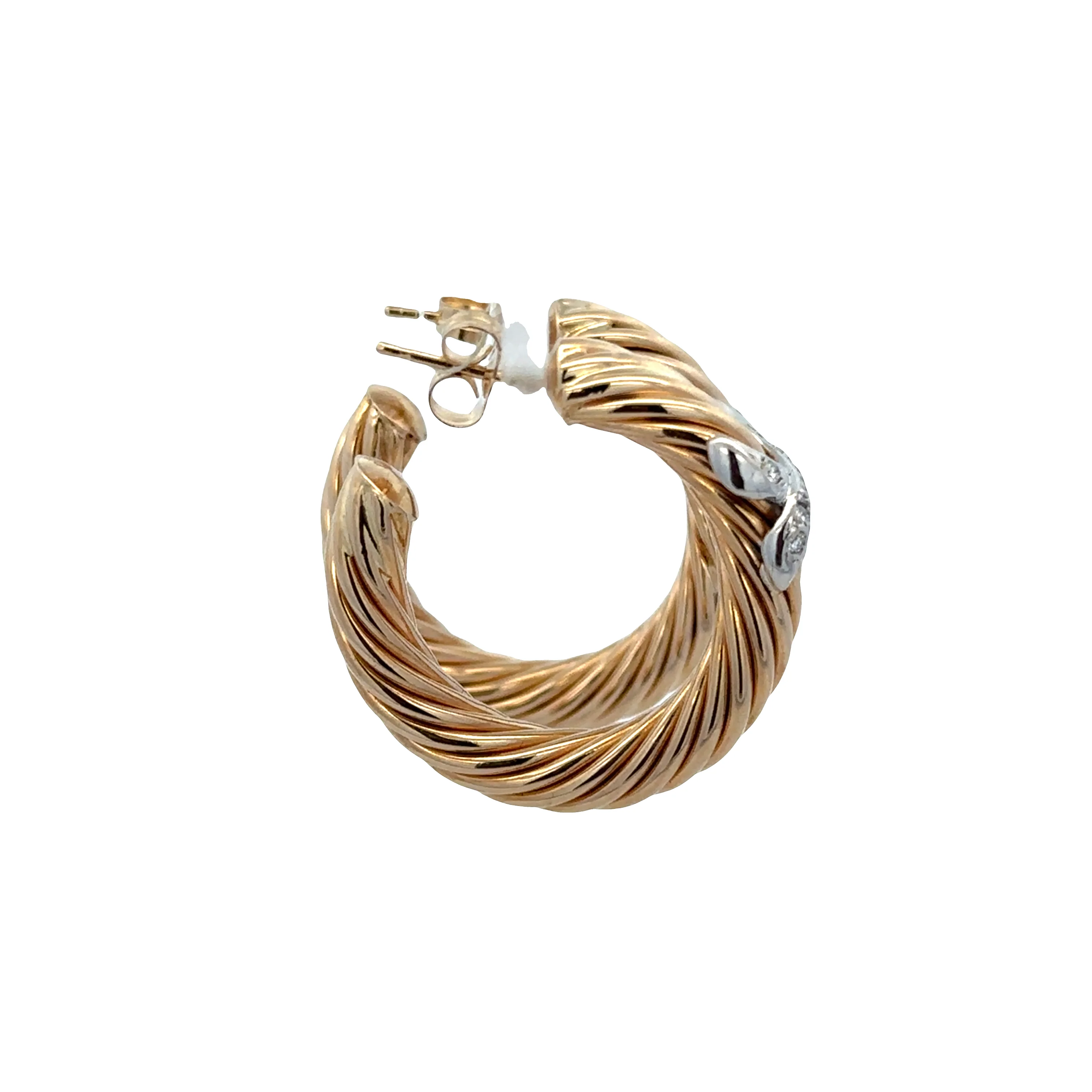 14k Yellow Gold Cable Style Hoop Earrings with Diamond Accented X Motifs - Image 3