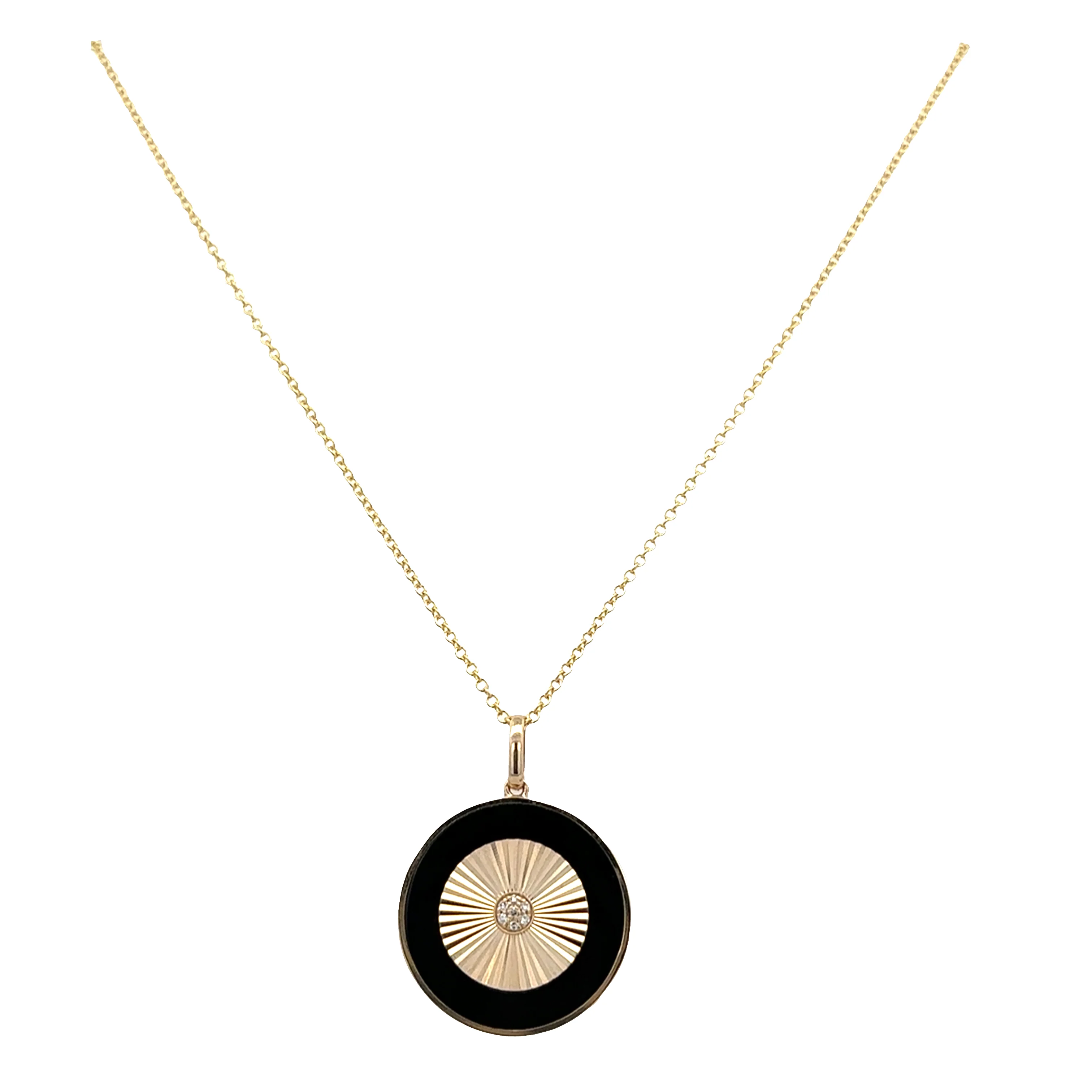 14k Yellow Gold Diamond & Black Onyx Fluted Pendant Necklace - Image 2