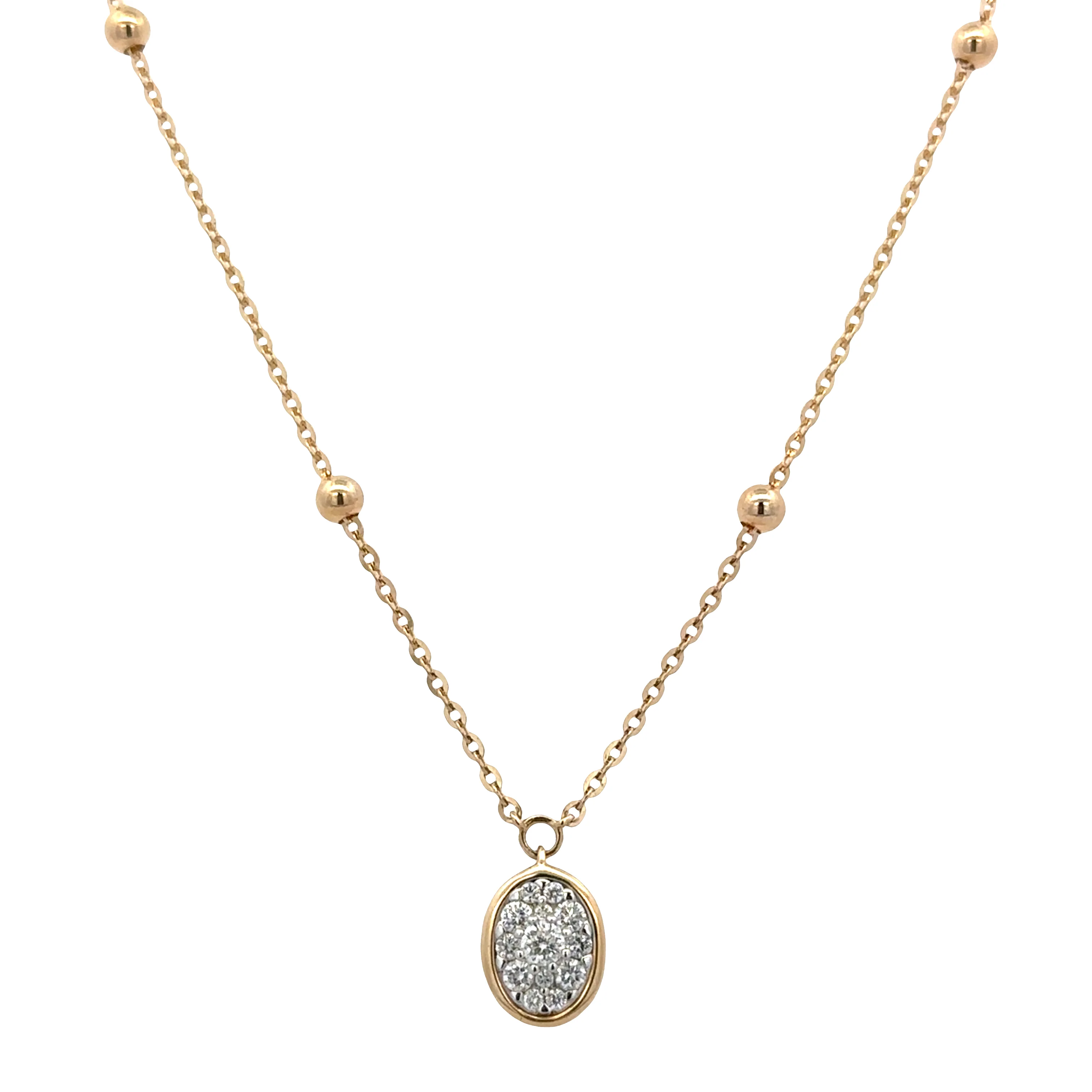 14k Yellow Gold Diamond Cluster Oval Necklace – Adjustable 18"