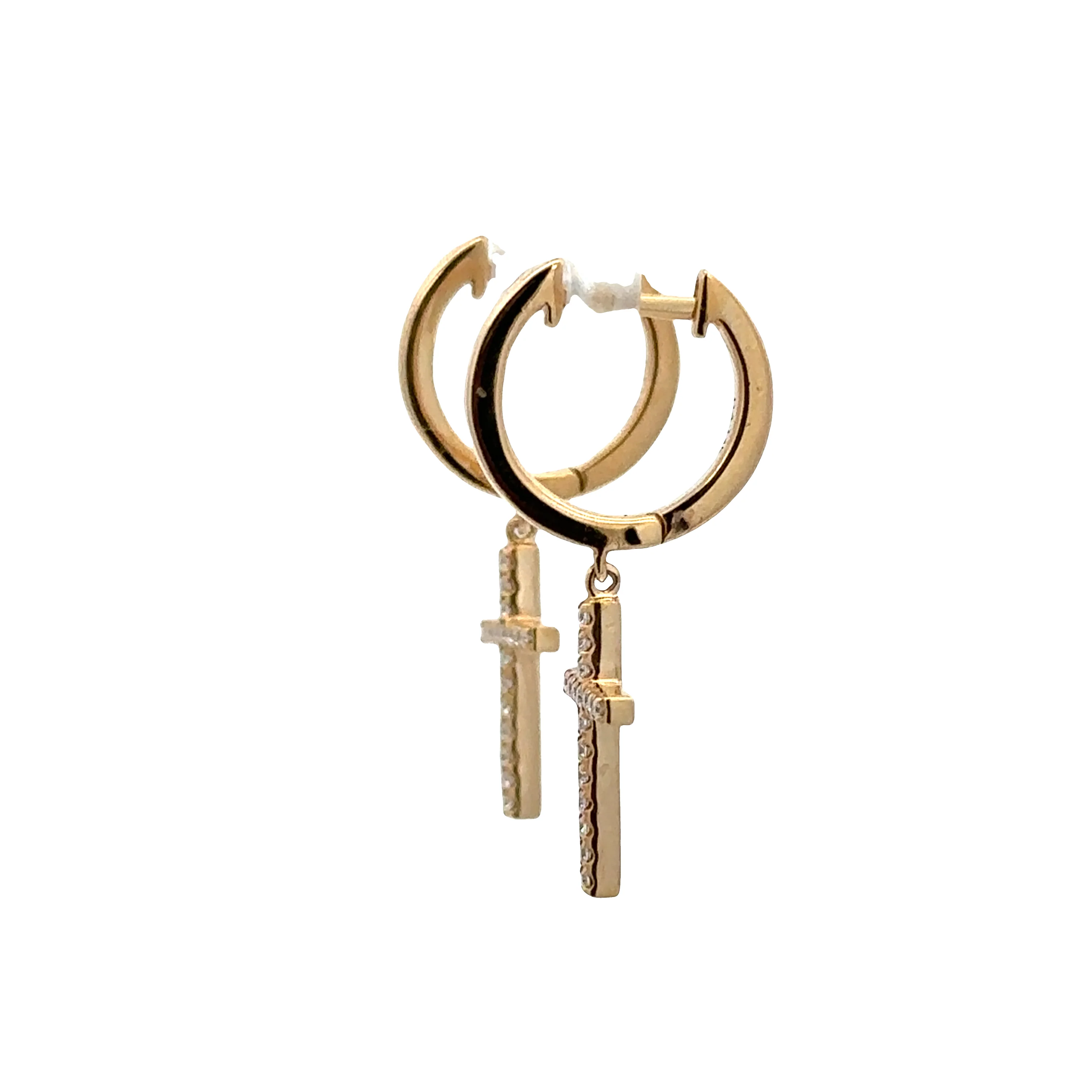 14k Yellow Gold Diamond Cross Dangle Earrings – 1" Long - Image 2