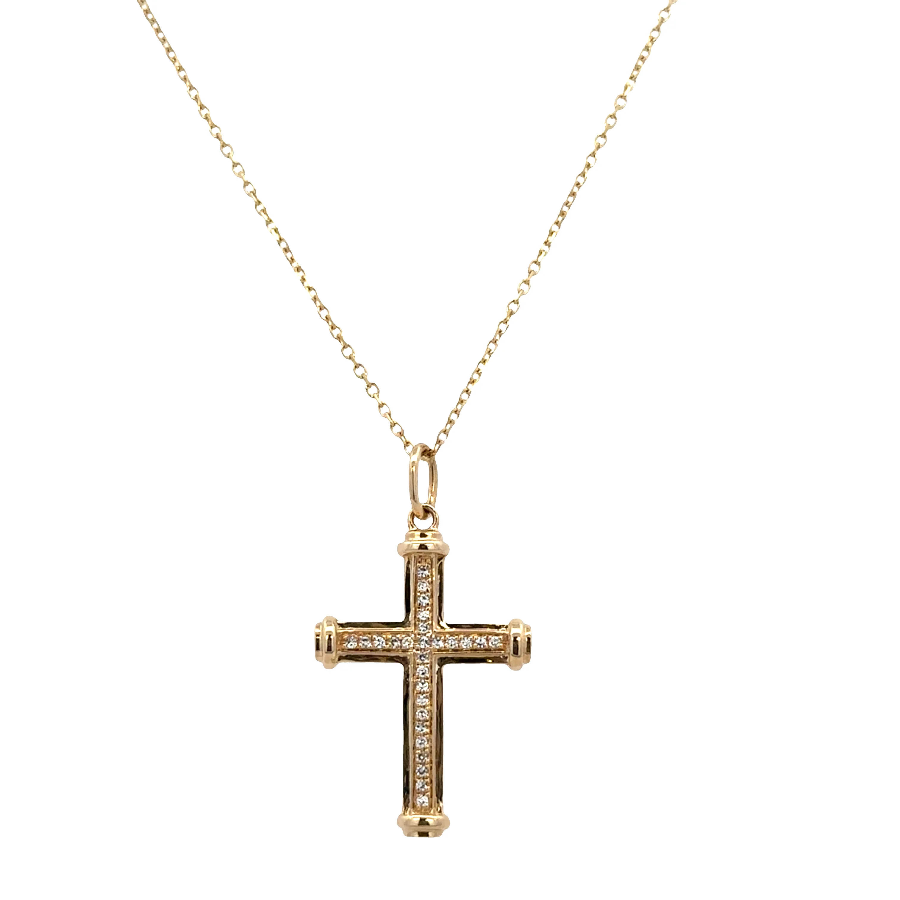 14k Yellow Gold Diamond Cross Pendant Necklace – Adjustable 18"